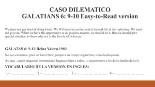 CASO DILEMATICO
GALATIANS 6: 9-10 Easy-to-Read version
We must not get tired of doing Good. We Will receive our harvest of eternal life at the right time. We must
not give up. When we have the opportunity to do good to anyone, we should do it. But we should give
special attention to those who are in the family of believers.
GALATAS 6: 9-10 Reina Valera 1960
No nos cansemos, pues de hacer bien; porque a su tiempo segaremos, si no desmayamos.
Asi que , según tengamos oportunidad, hagamos bien a todos, y mayormente a los de la familia de la fe.
VOCABULARIO DE LA VERSION EN INGLES:
1.- …………......... 2.- ………………… 3.- …………………… 4.- …………………..
 