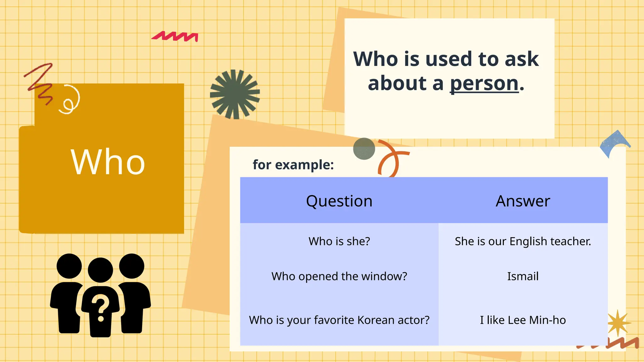 Question Answer
Who is she? She is our English teacher.
Who opened the window? Ismail
Who is your favorite Korean actor? I like Lee Min-ho
Who
Who is used to ask
about a person.
for example:
 