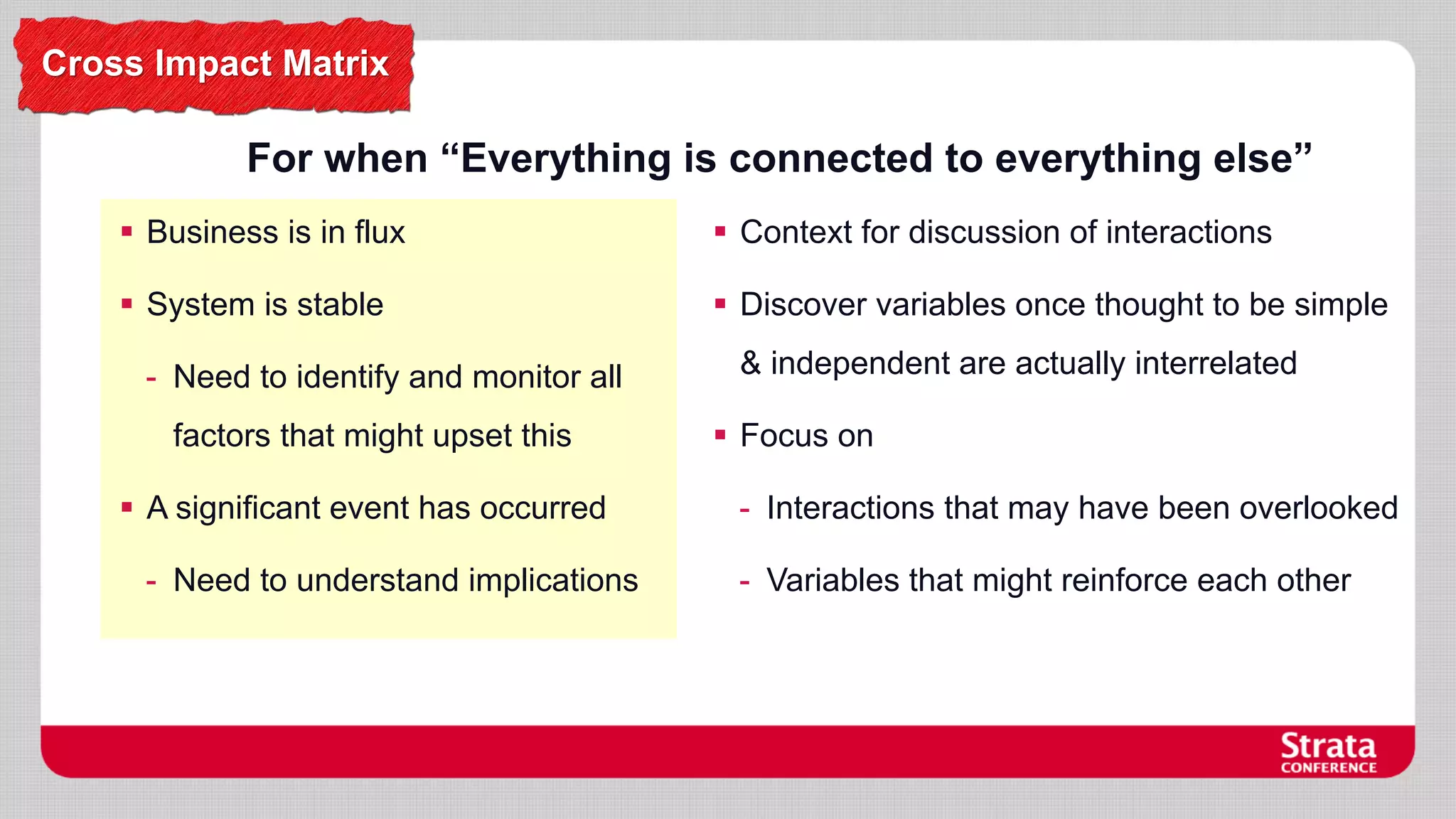 Cross Impact Matrix

For when “Everything is connected to everything else”
 Business is in flux

 Context for discussion of interactions

 System is stable

 Discover variables once thought to be simple

- Need to identify and monitor all
factors that might upset this
 A significant event has occurred
- Need to understand implications

& independent are actually interrelated
 Focus on
- Interactions that may have been overlooked
- Variables that might reinforce each other

 