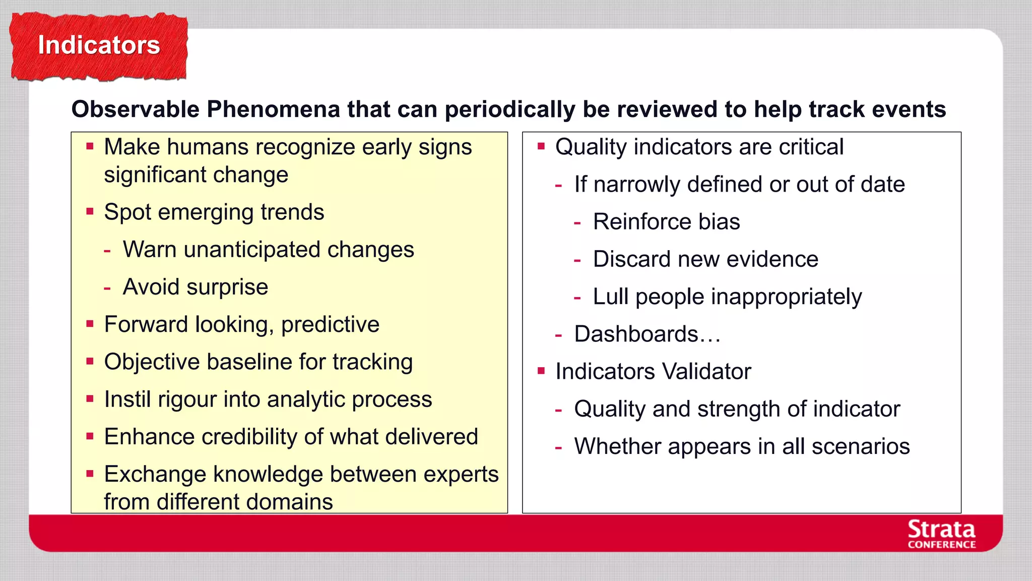 Indicators
Observable Phenomena that can periodically be reviewed to help track events
 Make humans recognize early signs
significant change
 Spot emerging trends

 Quality indicators are critical
- If narrowly defined or out of date
- Reinforce bias

- Warn unanticipated changes

- Discard new evidence

- Avoid surprise

- Lull people inappropriately

 Forward looking, predictive
 Objective baseline for tracking

- Dashboards…
 Indicators Validator

 Instil rigour into analytic process

- Quality and strength of indicator

 Enhance credibility of what delivered

- Whether appears in all scenarios

 Exchange knowledge between experts
from different domains

 