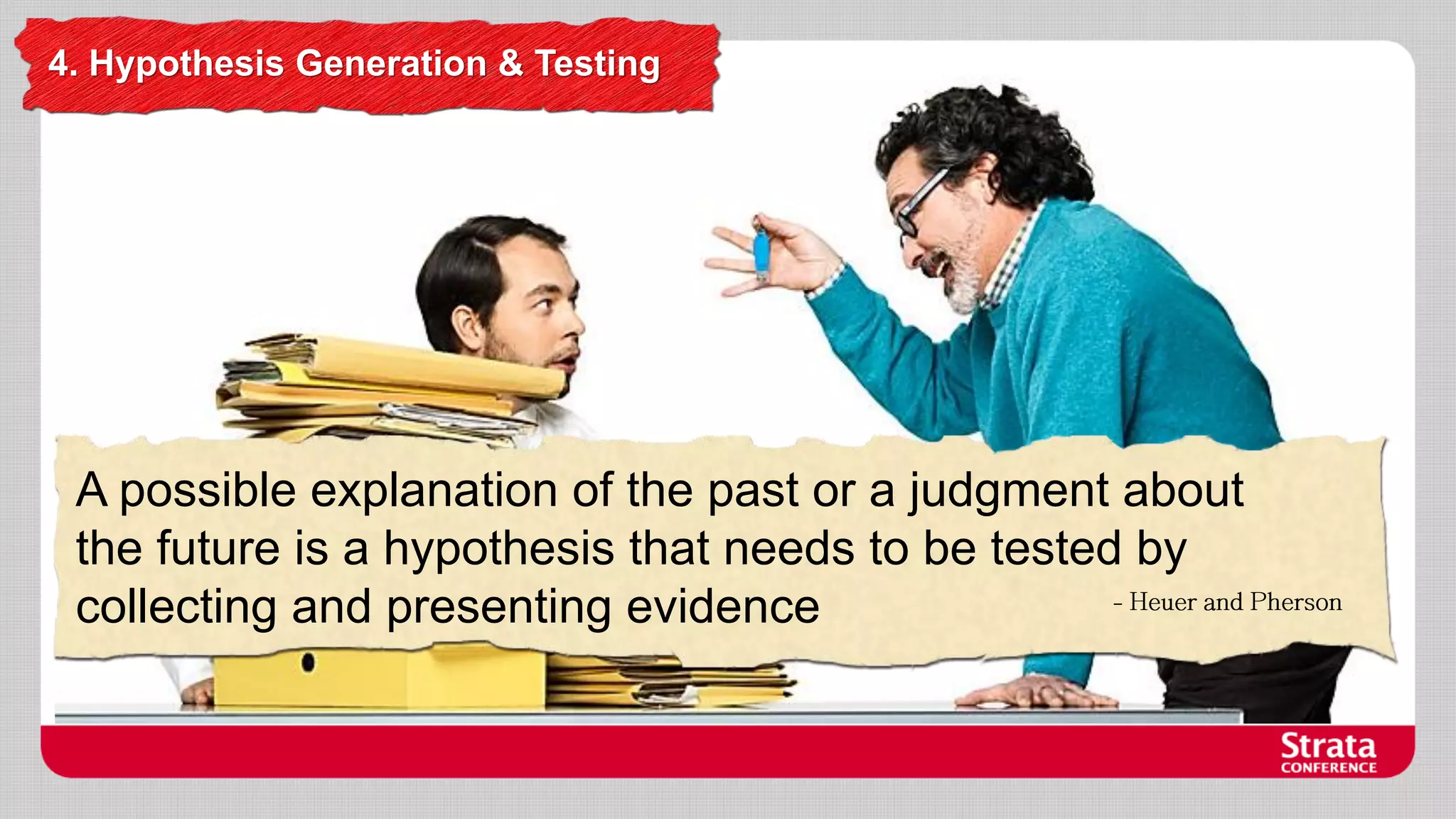 4. Hypothesis Generation & Testing

A possible explanation of the past or a judgment about
the future is a hypothesis that needs to be tested by
collecting and presenting evidence

 