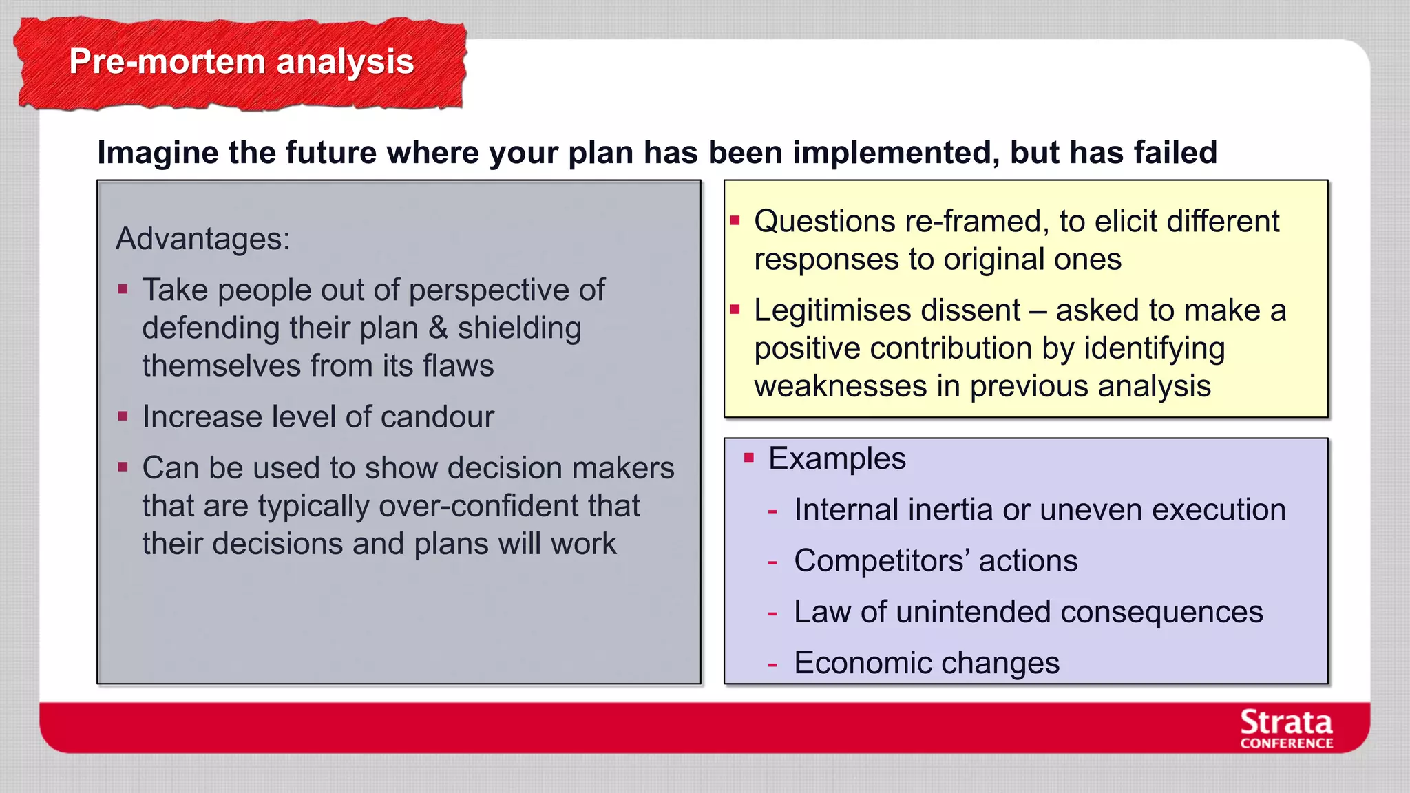 Pre-mortem analysis
Imagine the future where your plan has been implemented, but has failed
Advantages:
 Take people out of perspective of
defending their plan & shielding
themselves from its flaws
 Increase level of candour
 Can be used to show decision makers
that are typically over-confident that
their decisions and plans will work

 Questions re-framed, to elicit different
responses to original ones
 Legitimises dissent – asked to make a
positive contribution by identifying
weaknesses in previous analysis

 Examples
- Internal inertia or uneven execution
- Competitors’ actions
- Law of unintended consequences

- Economic changes

 