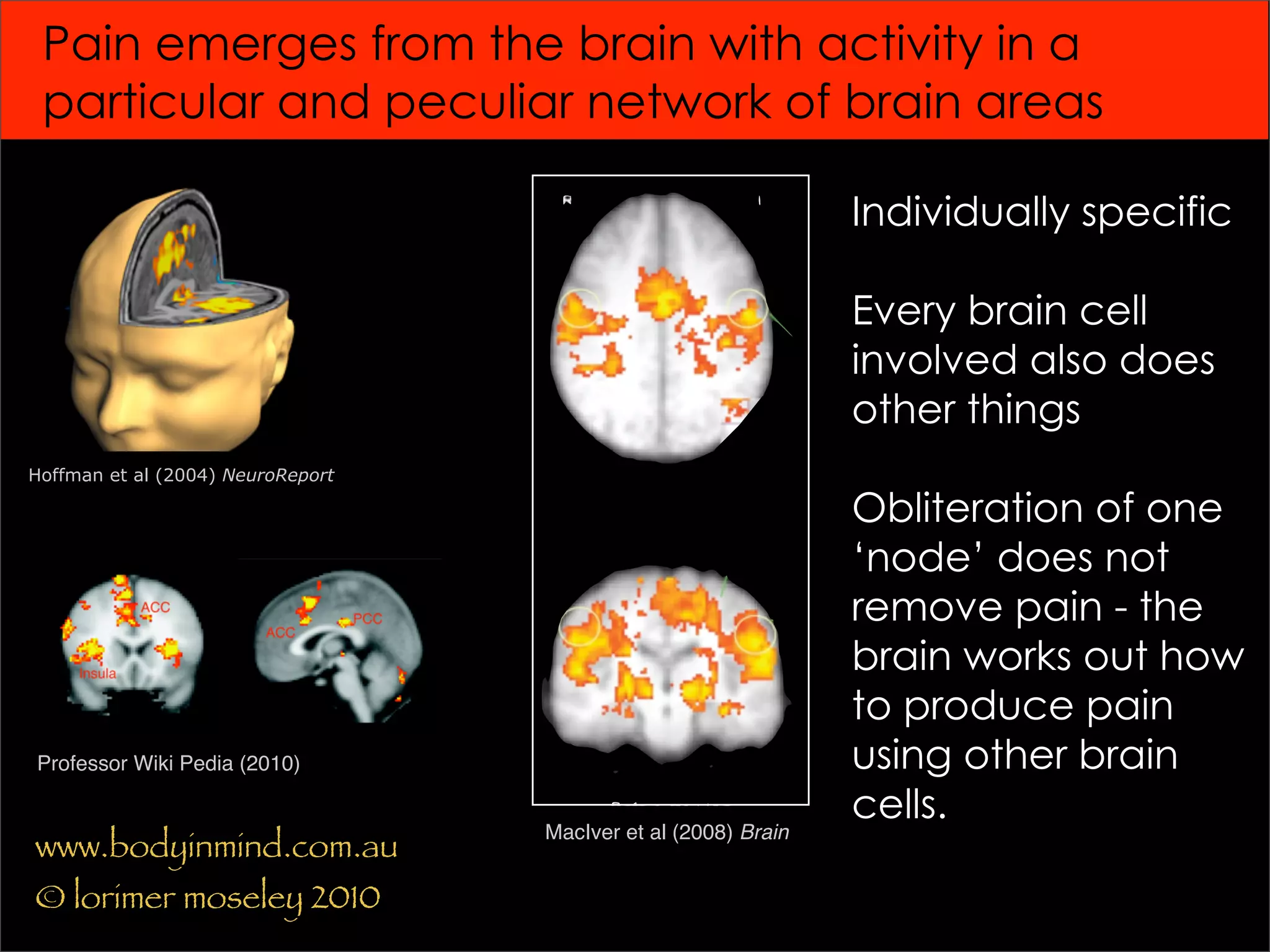 Pain emerges from the brain with activity in a
 particular and peculiar network of brain areas

                                                                Individually specific

                                                                Every brain cell
                                                                involved also does
                                                                other things
Hoffman et al (2004) NeuroReport
                                     Text                       Obliteration of one
                                                                ‘node’ does not
                                                                remove pain - the
                                                                brain works out how
                                                                to produce pain
Professor Wiki Pedia (2010)                                     using other brain
                                                                cells.
                                   MacIver et al (2008) Brain
www.bodyinmind.com.au
© lorimer moseley 2010
 
