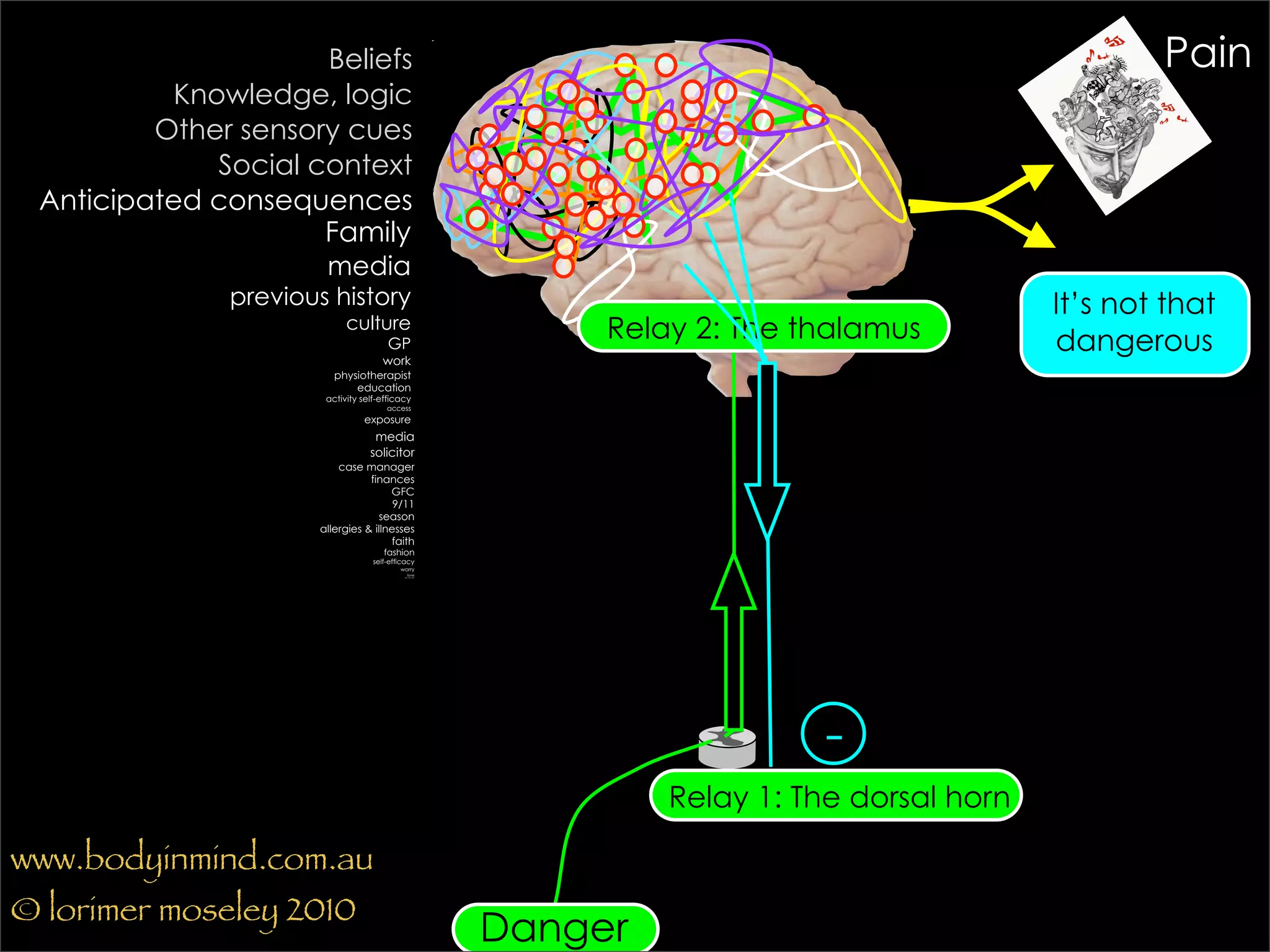 Beliefs                                                                         Pain
          Knowledge, logic
         Other sensory cues
             Social context
 Anticipated consequences
                     Family
                      media
              previous history                                                               It’s not that
                           culture
                                      GP
                                                              Relay 2: The thalamus          dangerous
                                     work
                        physiotherapist
                            education
                      activity self-efficacy
                                      access
                               exposure
                                  media
                                 solicitor
                         case manager
                                finances
                                     GFC
                                      9/11
                                   season
                     allergies & illnesses
                                     faith
                                     fashion
                                  self-efficacy
                                          worry
                                             love
                                           etc etc etc




                                                                            -
                                                                  Relay 1: The dorsal horn

www.bodyinmind.com.au
© lorimer moseley 2010
                                                         Danger
 