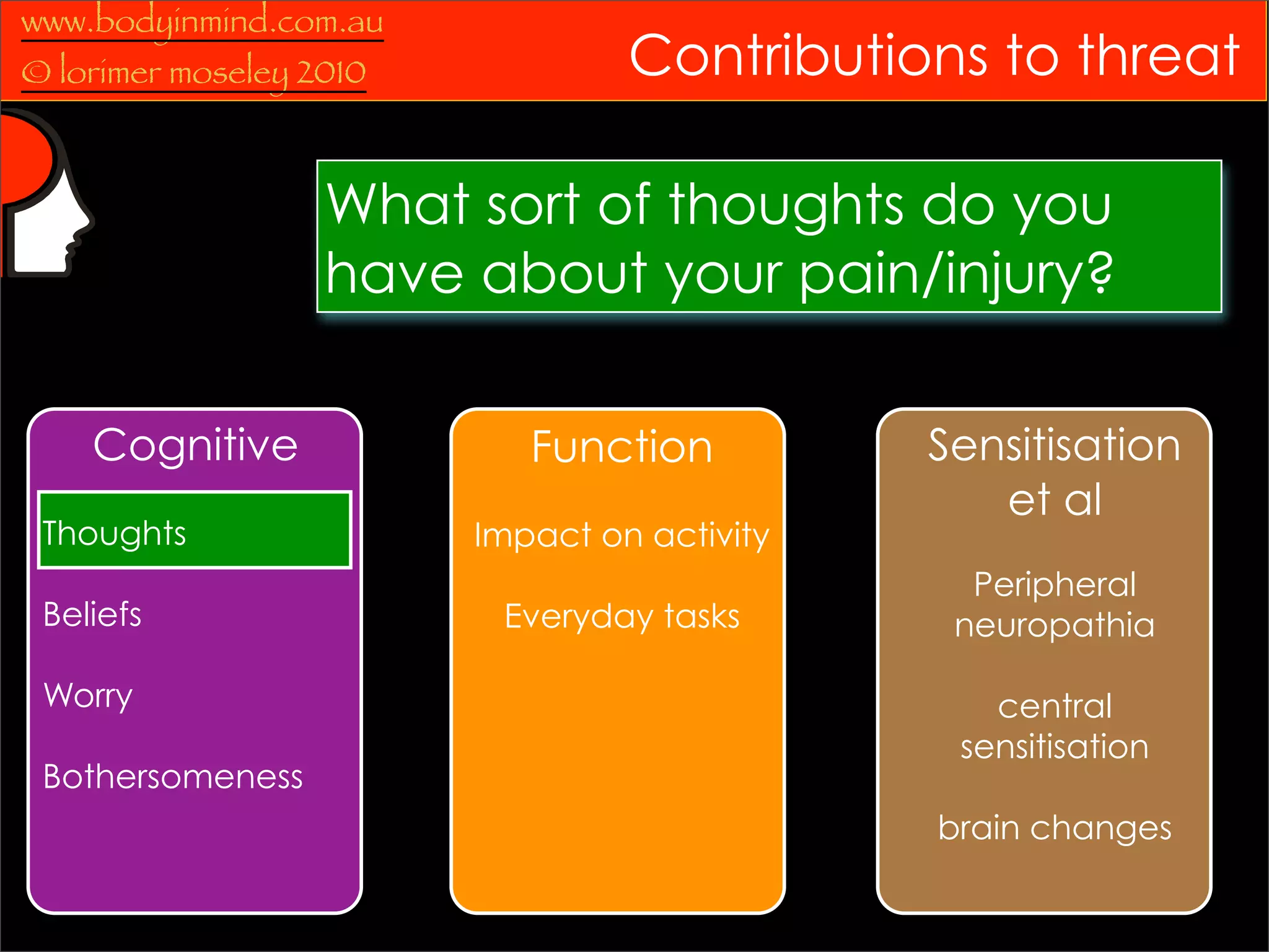www.bodyinmind.com.au
© lorimer moseley 2010            Contributions to threat

                   What sort of thoughts do you
                   have about your pain/injury?

    Cognitive               Function          Sensitisation
                                                 et al
 Thoughts                Impact on activity
                                                Peripheral
 Beliefs                  Everyday tasks       neuropathia

 Worry                                           central
                                               sensitisation
 Bothersomeness
                                              brain changes
 