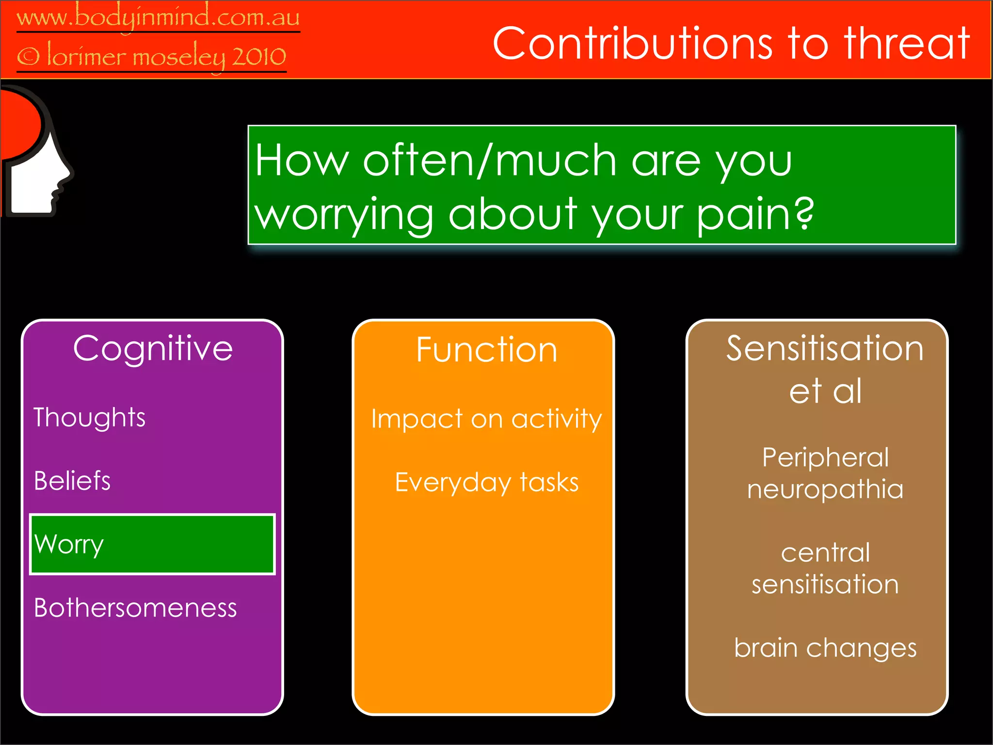 www.bodyinmind.com.au
© lorimer moseley 2010            Contributions to threat

                   How often/much are you
                   worrying about your pain?

    Cognitive               Function          Sensitisation
                                                 et al
 Thoughts                Impact on activity
                                                Peripheral
 Beliefs                  Everyday tasks       neuropathia

 Worry                                           central
                                               sensitisation
 Bothersomeness
                                              brain changes
 