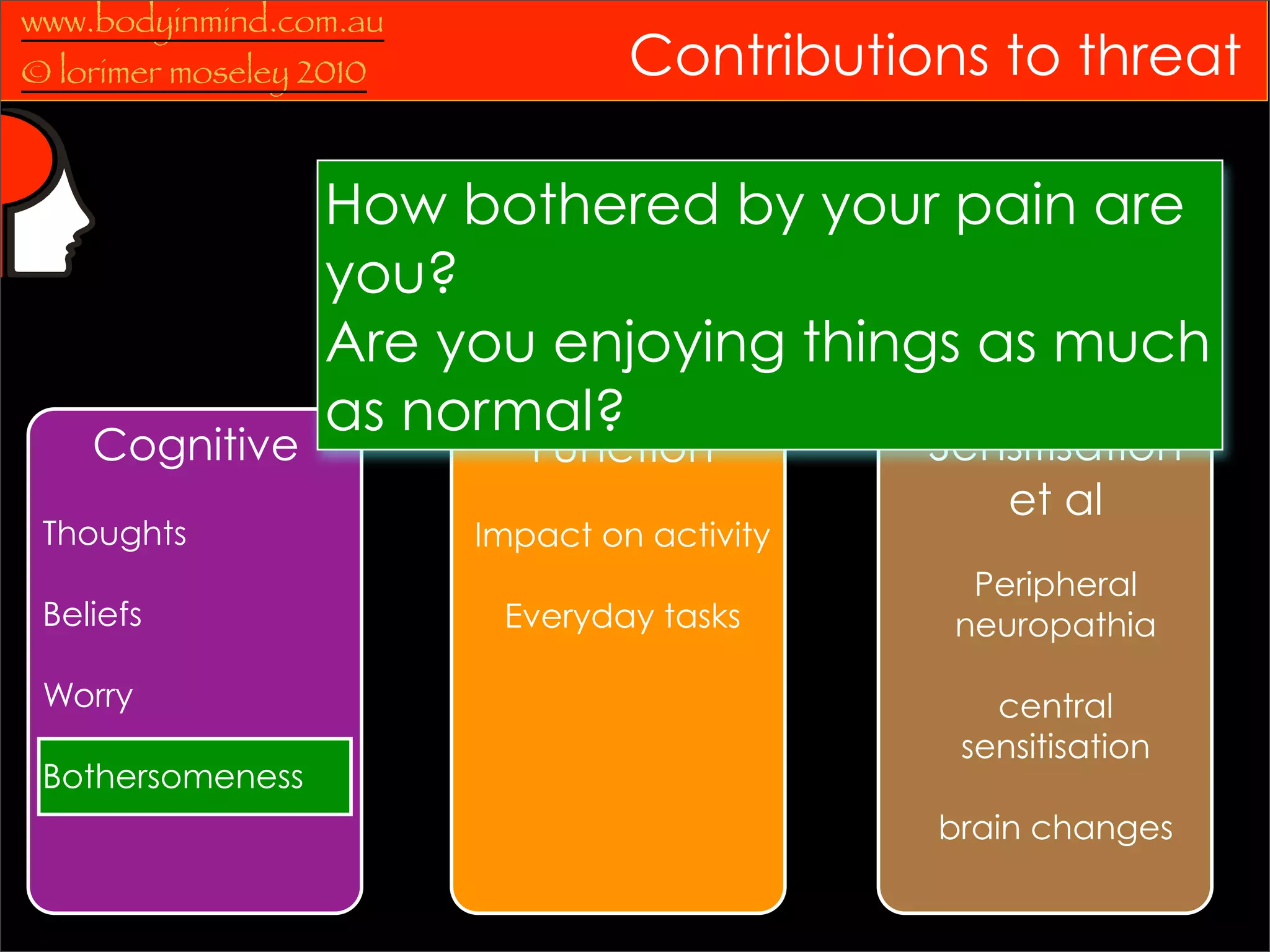 www.bodyinmind.com.au
© lorimer moseley 2010            Contributions to threat

                   How bothered by your pain are
                   you?
                   Are you enjoying things as much
                   as normal?
    Cognitive               Function          Sensitisation
                                                 et al
 Thoughts                Impact on activity
                                                Peripheral
 Beliefs                  Everyday tasks       neuropathia

 Worry                                           central
                                               sensitisation
 Bothersomeness
                                              brain changes
 