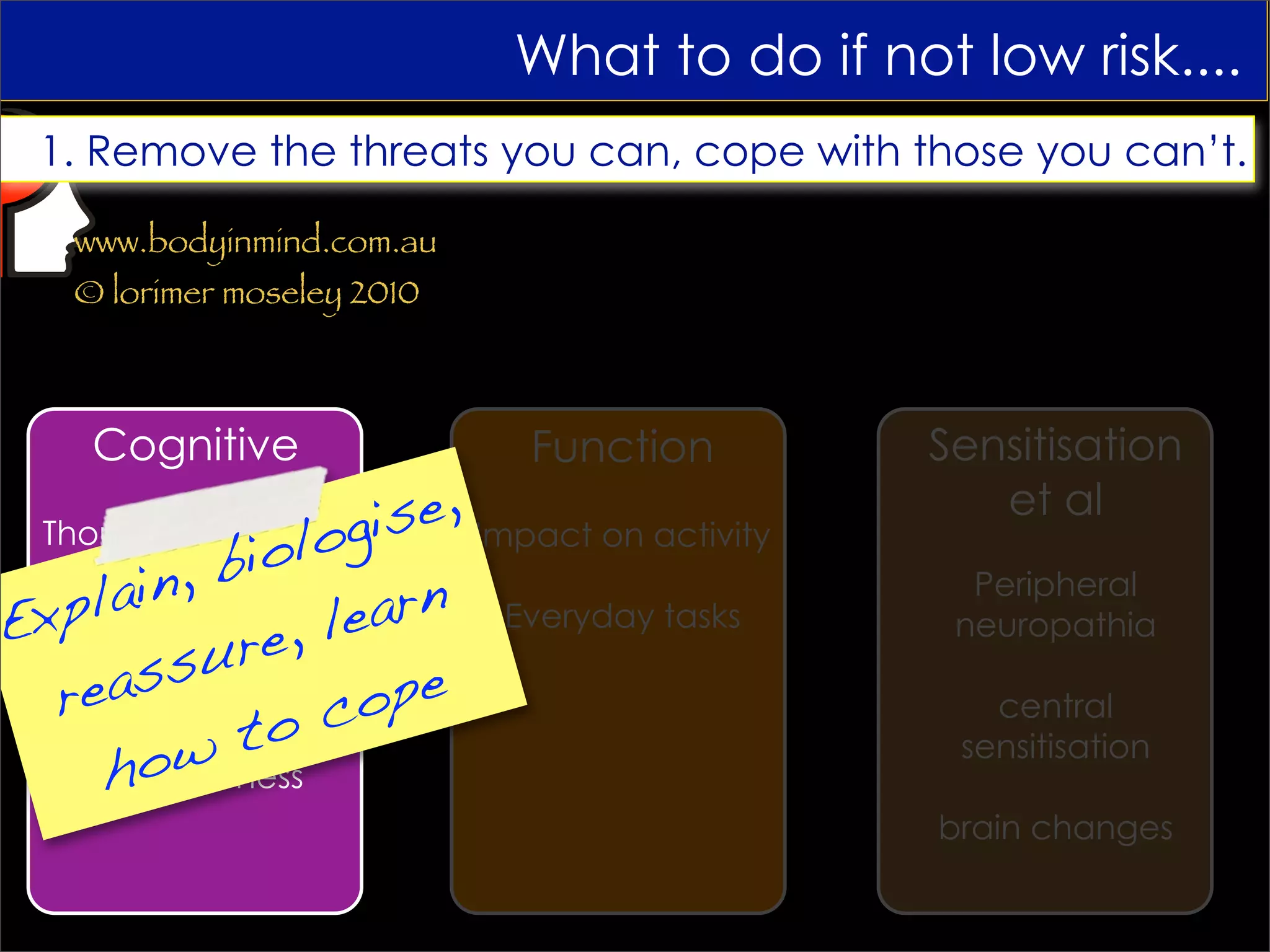 What to do if not low risk....
  1. Remove the threats you can, cope with those you can’t.

    www.bodyinmind.com.au
    © lorimer moseley 2010



     Cognitive               Function         Sensitisation
                    ise, Impact on activity      et al
  Thoughts
          , bi olog
    plain        learn Everyday tasks
                                                Peripheral
E x
           ure,
  Beliefs                                      neuropathia

   r ea s
  Worry s          ope
             to c
                                                 central

      how
                                               sensitisation
  Bothersomeness
                                              brain changes
 