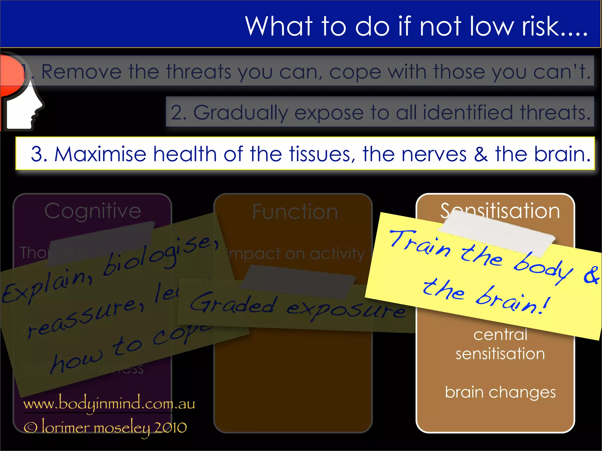 What to do if not low risk....
 1. Remove the threats you can, cope with those you can’t.

                     2. Gradually expose to all identified threats.

   3. Maximise health of the tissues, the nerves & the brain.

    Cognitive                Function            Sensitisation
                   ise, Impact on activity  Trai
                                            n the   et al
 Thoughts
           bio log                                     body &
Exp  lain,          rn Everyday tasks      thePeripheral
 Beliefs
             e , leaGraded exposure             brain!
                                             neuropathia

 Worry s
         sur
  rea            c ope                          central
            to
      h ow
 Bothersomeness
                                              sensitisation

                                                  brain changes
  www.bodyinmind.com.au
  © lorimer moseley 2010
 