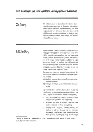 49
3.2 æąøðĄùăù ÷ óþĄû‘óāîú÷ăù ÷‘ûć÷ûāùîĄĉþ (debate)3.2 æąøðĄùăù ÷ óþĄû‘óāîú÷ăù ÷‘ûć÷ûāùîĄĉþ (debate)*
ŌŞ Ş›ūŧůśŮūŰũ ūŦ ŮŰ——ŢůŚŲūũůŢŭ/ūŰŮŢŭ ŞŰůū-
›Ţ›ūŜťŤŮŤ ŧŞŦ Ţ—›ŢŦŬŜŞ ŮŢ šŤ—ŷŮŦŢŭ ŮŰţŤůśŮŢŦŭ,
ŮůŤũ ŚŬŢŰũŞ ťŢ—řůŴũ ŞũůŦ›ŞŬřťŢŮŤŭ ŧŞŦ ŮůŤũ
›ŞŬūŰŮŜŞŮŤ ůŴũ Ş›ŷųŢŹũ ůūŰŭ Ůůū ŢŰŬŸ ŧūŦũŷ
ŞŨŨř ŧŞŦ ũŞ ŮŰũŢŦšŤůū›ūŦśŮūŰũ ůŤ šŦŞűūŬŢůŦŧŷ-
ůŤůŞ ůŴũ Ş›ŷųŢŹũ ůūŰŭ ŷŮūũ ŞűūŬř ůŤũ ŦŮūŬŬū-
›ŜŞ ŮŢ ťŚ—ŞůŞ űŸŨūŰ.
ŏŬūŢůūŦ—řţŢůŢ ůūŰŭ/ůŦŭ —ŞťŤůŚŭ/śůŬŦŢŭ ŠŦŞ ŮŰţś-
ůŤŮŤ —Ţ ŞũůŦ›ŞŬřťŢŮŤ Ţ›ŦŲŢŦŬŤ—řůŴũ —ŚŮŞ ŮůŤũ
ůřŪŤ, Ť ū›ūŜŞ ŤŲūŠŬŞűŢŜůŞŦ, ŧŞŦ ŠŦŞ ŚŬŢŰũŞ ŮŢ
ŮŰŠŧŢŧŬŦ—ŚũŞ ťŚ—ŞůŞ ŠŦŞ ŮŰţśůŤŮŤ. ŒŤ ŮŰţśůŤ-
ŮŤ ŞŰůś —›ūŬŢŜ ũŞ ůŤũ ›ŞŬŞŧūŨūŰťśŮŢŦ ůū ŢŰŬŸ
ŧūŦũŷ, ũŞ ŠŜũŢŦ Ů’ŚũŞ ŮŲūŨŢŜū ś —ŢůŞŪŸ ŮŲūŨŢŜŴũ
ŧŞŦ —Ţ ůŤũ ›ŞŬūŰŮŜŞ ŢŪŴůŢŬŦŧŹũ ŧŬŦůŹũ ›ūŰ ťŞ
Ş›ūűŞŮŜŮūŰũ ›ūŦŞ ťŞ ŢŜũŞŦ Ť ũŦŧśůŬŦŞ ū—řšŞ ŧŞŦ
›ūŦūŭ ū ŧŞŨŸůŢŬūŭ ū—ŦŨŤůśŭ/śůŬŦŞ.
ńũŤ—ŢŬŹũŢůŢ ůūŰŭ/ůŦŭ ŮŰ——ŢůŚŲūũůŢŭ/ūŰŮŢŭ ŷůŦ
šŸū ŮůřšŦŞ ŮŰ—›ŢŬŦŨŞ—şřũūũůŞŦ ŮůŤ ŮŰŠŧŢŧŬŦ—Ś-
ũŤ řŮŧŤŮŤ:
Ł) Ŏ—ŞšŦŧś ŢŬŠŞŮŜŞ: ŚŬŢŰũŞ, ŮŰţśůŤŮŤ ŧŞŦ ›ŬūŢ-
ůūŦ—ŞŮŜŞ ū—ŦŨŦŹũ
ł) ń›ŜŮŤ—Ť ŮŰţśůŤŮŤ —Ţ ŞũůŦ›ŞŬřťŢŮŤ Ţ›ŦŲŢŦŬŤ-
—řůŴũ
Ł) ńŦŮřŠŢůŢ ůūŰŭ —ŞťŤůŚŭ/śůŬŦŢŭ ŮůŤũ ŚũũūŦŞ ůŤŭ
«ŮŰţśůŤŮŤŭ —Ţ ŞũůŦ›ŞŬřťŢŮŤ Ţ›ŦŲŢŦŬŤ—řůŴũ» ŧŞŦ
ůūŰŭ ŢŪŤŠŢŜůŢ ůŤ šŦŞšŦŧŞŮŜŞ (şŨ ŔŸŨŨū ŢŬŠŞŮŜŞŭ).
ńŮŢŜŭ ś ŧř›ūŦūŭ Ş›ŷ ůūŰŭ/ůŦŭ —ŞťŤůŚŭ/śůŬŦŢŭ1.
ūŬŜţŢůŞŦ Ŵŭ ›ŬŷŢšŬūŭ ůŤŭ ŮŰţśůŤŮŤŭ.
ŕŴŬŜţŢůŢ ůŤũ ůřŪŤ ŮŢ ū—řšŢŭ. ŊŚůŢ ŮŢ ŧřťŢ2.
ū—řšŞ ũŞ ūŬŜŮŢŦ ůūũ/ůŤũ ŞŬŲŤŠŷ ůŤŭ.
ńũŤ—ŢŬŹũŢůŢ ůūŰŭ/ůŦŭ —ŞťŤůŚŭ/śůŬŦŢŭ ŷůŦ3.
›ŬŚ›ŢŦ ũŞ ŧřũūŰũ ŚŬŢŰũŞ ŠŦŞ ůŤũ ›ŬŷůŞŮŤ
›ūŰ ŚŲūŰũ Ţ›ŦŨŚŪŢŦ ŧŞŦ ůūŰŭ ›ŞŬūůŬŸũŢůŢ ũŞ
šŦŞŲŴŬŜŮūŰũ ůŦŭ Ş›ŷųŢŦŭ ůūŰŭ, ŮŸ—űŴũŞ —Ţ
*
Warren, L., Hogan, M., Deketelaere, A. (1997). Balance Who cares? Dublin: An Roinn Oidea-
chais, Department of Education.
æĄČćĀĂ
àïúĀöĀĂ
 