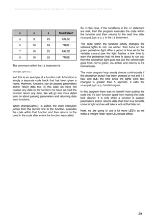 Earthshine Design Arduino Starters Kit Manual - A Complete Beginners Guide to the Arduino




                                                              So, in this case, if the conditions in the if statement
                                                              are met, then the program executes the code within
     x            y             z         True/False?         the function and then returns to the next line after
                                                              changeLights(); in the if statement.
     4            9            25            FALSE
                                                              The code within the function simply changes the
     5            10           24            TRUE
                                                              vehicles lights to red, via amber, then turns on the
     7            10           25            FALSE            green pedestrian light. After a period of time set by the
                                                              variable crossTime the light ﬂashes a few time to
     5            10           25            TRUE             warn the pedestrian that his time is about to run out,
                                                              then the pedestrian light goes red and the vehicle light
                                                              goes from red to green, via amber and returns to itʼs
The command within the if statement is                        normal state.

changeLights();                                               The main program loop simply checks continuously if
                                                              the pedestrian button has been pressed or not and if it
and this is an example of a function call. A function is
                                                              has, and (&&) the time since the lights were last
simply a separate code block that has been given a
                                                              changed is greater than 5 seconds, it calls the
name. However, functions can be passed parameters
                                                              changeLights() function again.
and/or return data too. In this case we have not
passed any data to the function nor have we had the
                                                              In this program there was no beneﬁt from putting the
function return any date. We will go into more detail
                                                              code into itʼs own function apart from making the code
later on about passing parameters and returning data
                                                              look cleaner. It is only when a function is passed
from functions.
                                                              parameters and/or returns data that their true beneﬁts
                                                              come to light and we will take a look at that later on.
When changeLights(); is called, the code execution
jumps from the current line to the function, executes
                                                              Next, we are going to use a lot more LEDʼs as we
the code within that function and then returns to the
                                                              make a ʻKnight Riderʼ style LED chase effect.
point in the code after where the function was called.




                                                                                                                 39
 