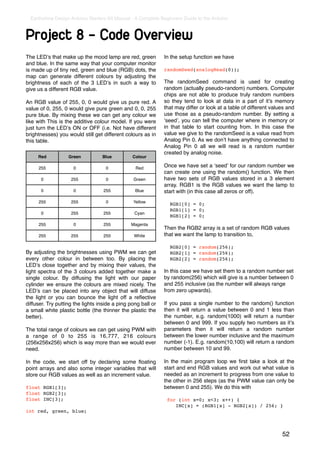 Earthshine Design Arduino Starters Kit Manual - A Complete Beginners Guide to the Arduino



Project 8 - Code Overview
The LEDʼs that make up the mood lamp are red, green           In the setup function we have
and blue. In the same way that your computer monitor
is made up of tiny red, green and blue (RGB) dots, the        randomSeed(analogRead(0));
map can generate different colours by adjusting the
brightness of each of the 3 LEDʼs in such a way to            The randomSeed command is used for creating
give us a different RGB value.                                random (actually pseudo-random) numbers. Computer
                                                              chips are not able to produce truly random numbers
An RGB value of 255, 0, 0 would give us pure red. A           so they tend to look at data in a part of itʼs memory
value of 0, 255, 0 would give pure green and 0, 0, 255        that may differ or look at a table of different values and
pure blue. By mixing these we can get any colour we           use those as a pseudo-random number. By setting a
like with This is the additive colour model. If you were      ʻseedʼ, you can tell the computer where in memory or
just turn the LEDʼs ON or OFF (i.e. Not have different        in that table to start counting from. In this case the
brightnesses) you would still get different colours as in     value we give to the randomSeed is a value read from
this table.                                                   Analog Pin 0. As we donʼt have anything connected to
                                                              Analog Pin 0 all we will read is a random number
                                                              created by analog noise.
     Red           Green          Blue          Colour

     255             0              0            Red          Once we have set a ʻseedʼ for our random number we
                                                              can create one using the random() function. We then
      0             255             0           Green         have two sets of RGB values stored in a 3 element
                                                              array. RGB1 is the RGB values we want the lamp to
      0              0             255           Blue         start with (in this case all zeros or off).
     255            255             0           Yellow          RGB1[0] = 0;
                                                                RGB1[1] = 0;
      0             255            255           Cyan
                                                                RGB1[2] = 0;
     255             0             255         Magenta
                                                              Then the RGB2 array is a set of random RGB values
     255            255            255           White        that we want the lamp to transition to,

                                                                RGB2[0] = random(256);
By adjusting the brightnesses using PWM we can get              RGB2[1] = random(256);
every other colour in between too. By placing the               RGB2[2] = random(256);
LEDʼs close together and by mixing their values, the
light spectra of the 3 colours added together make a          In this case we have set them to a random number set
single colour. By diffusing the light with our paper          by random(256) which will give is a number between 0
cylinder we ensure the colours are mixed nicely. The          and 255 inclusive (as the number will always range
LEDʼs can be placed into any object that will diffuse         from zero upwards).
the light or you can bounce the light off a reﬂective
diffuser. Try putting the lights inside a ping pong ball or   If you pass a single number to the random() function
a small white plastic bottle (the thinner the plastic the     then it will return a value between 0 and 1 less than
better).                                                      the number, e.g. random(1000) will return a number
                                                              between 0 and 999. If you supply two numbers as itʼs
The total range of colours we can get using PWM with          parameters then it will return a random number
a range of 0 to 255 is 16,777, 216 colours                    between the lower number inclusive and the maximum
(256x256x256) which is way more than we would ever            number (-1). E.g. random(10,100) will return a random
need.                                                         number between 10 and 99.

In the code, we start off by declaring some ﬂoating           In the main program loop we ﬁrst take a look at the
point arrays and also some integer variables that will        start and end RGB values and work out what value is
store our RGB values as well as an increment value.           needed as an increment to progress from one value to
                                                              the other in 256 steps (as the PWM value can only be
float RGB1[3];                                                between 0 and 255). We do this with
float RGB2[3];
float INC[3];                                                  for (int x=0; x<3; x++) {
                                                                  INC[x] = (RGB1[x] - RGB2[x]) / 256; }
int red, green, blue;



                                                                                                                  52
 