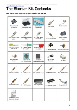 Earthshine Electronics Arduino Starters Kit Manual - A Complete Beginners Guide to the Arduino
  www.EarthshineElectronics.com


The Starter Kit Contents
Please note that your kit contents may look slightly different to those listed here




                                                                                                   8
 