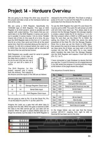 Earthshine Design Arduino Starters Kit Manual - A Complete Beginners Guide to the Arduino



Project 14 - Hardware Overview
We are going to do things the other way around for             released to the 8 Pins (QA-QH). The Clock is simply a
this project and take a look at the hardware before we         pulse of 0ʼs and 1ʼs and and the Data Pin is where we
look at the code.                                              send data from the Arduino the the 595.

We are using a Shift Register. Speciﬁcally the                 To use the Shift Register the Latch Pin and Clock Pin
74HC595 type of Shift Register. This type of Shift             must be set to LOW. The Latch Pin will remain at LOW
Register is an 8-bit serial-in, serial or parallel-out shift   until all 8 bits have been set. This allows data to be
register with output latches. This means that you can          entered into the Storage Register (the storage register
send data in to the Shift Register in series and send it       is simply a place inside the IC for storing a 1 or a 0).
out in parallel. In series means 1 bit at a time. Parallel     We then present either a HIGH or LOW signal at the
means lots of bits (in this case 8) at a time. So you          Data Pin and then set the Clock Pin to HIGH. By
give the Shift Register data (in the form of 1ʼs and 0ʼs)      setting the Clock Pin to HIGH this stores the data
one bit at a time, then send out 8 bits all at the exact       presented at the Data Pin into the Storage Register.
same time. Each bit is shunted along as the next bit is        Once this is done we set the Clock to LOW again,
entered. If a 9th bit is entered before the Latch is set       then present the next bit of data at the Data Pin. Once
to HIGH then the ﬁrst bit entered will be shunted off          we have done this 8 times, we have sent a full 8 bit
the end of the row and be lost forever.                        number into the 595. The Latch Pin is now raised
                                                               which transfers the data from the Storage Register
Shift Registers are usually used for serial to parallel        into the Shift Register and outputs it from QA to QH
data conversion. In our case, as                               (Pin 15, 1 to 7).
the data that is output is 1ʼs and
0ʼs (or 0v and 3.3v) we can use it                             I have connected a Logic Analyser (a device that lets
to turn on and off a bank of 8                                 you see the 1ʼs and 0ʼs coming out of a digital device)t
LEDʼs.                                                         o my 595 whilst this program is running and the image
                                                               at the bottom of the page shows the output.
The Shift Register, for this
project, requires only 3 inputs                                The sequence of events here is:
from the Arduino. The outputs of
the Arduino and the inputs of the 595 are as follows:            Pin    State                  Description
                                                                Latch   LOW       Latch lowered to allow data to be entered
 Arduino        595                Description
   Pin          Pin                                              Data   HIGH                  First bit of data (1)
                                                                Clock   HIGH           Clock goes HIGH. Data stored.
     8          12       Storage Register Clock Input
                                                                Clock   LOW       Ready for next Bit. Prevent any new data.
    11          14              Serial Data Input                Data   HIGH                  2nd bit of data (1)
                                                                Clock   HIGH                    2nd bit stored
    12          11         Shift Register Clock Input
                                                                  ...     ...                          …
                                                                 Data   LOW                   8th bit of data (0)
We are going to refer to Pin 12 as the Clock Pin, Pin
14 as the Data Pin and Pin 11 as the Latch Pin.                 Clock   HIGH                    Store the data
                                                                Clock   LOW          Prevent any new data being stored
Imagine the Latch as a gate that will allow data to             Latch   HIGH              Send 8 bits out in parallel
escape from the 595. When the gate is lowered (LOW)
the data in the 595 cannot get out, but data can be
entered. When the gate is raised (HIGH) data can no            In the image below, you can see that the binary
longer be entered, but the data in the SHift Register is       number 00110111 (reading from right to left) or
                                                               Decimal 55 has been sent to the chip.




                                                                                                                         84
 