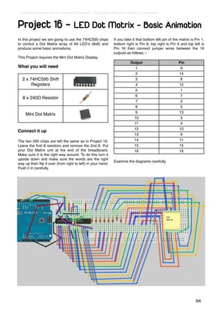 Earthshine Design Arduino Starters Kit Manual - A Complete Beginners Guide to the Arduino



Project 16 - LED Dot Matrix - Basic Animation
In this project we are going to use the 74HC595 chips         If you take it that bottom left pin of the matrix is Pin 1,
to control a Dot Matrix array of 64 LEDʼs (8x8) and           bottom right is Pin 8, top right is Pin 9 and top left is
produce some basic animations.                                Pin 16 then connect jumper wires between the 16
                                                              outputs as follows :-
This Project requires the Mini Dot Matrix Display.
                                                                        Output                          Pin
What you will need                                                         1                             9
                                                                           2                            14
  2 x 74HC595 Shift                                                        3                             8
       Registers                                                           4                            12
                                                                           5                             1
                                                                           6                             7
   8 x 240Ω Resistor
                                                                           7                             2
                                                                           8                             5
                                                                           9                            13
    Mini Dot Matrix
                                                                         10                              3
                                                                          11                             4
                                                                         12                             10
Connect it up
                                                                         13                              6
The two 595 chips are left the same as in Project 16.                    14                             11
Leave the ﬁrst 8 resistors and remove the 2nd 8. Put                     15                             15
your Dot Matrix unit at the end of the breadboard.                       16                             16
Make sure it is the right way around. To do this turn it
upside down and make sure the words are the right
                                                              Examine the diagrams carefully.
way up then ﬂip it over (from right to left) in your hand.
Push it in carefully.




                                                                                                                   94
 