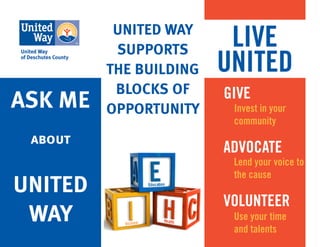 ASK ME
UNITED
WAY
UNITED WAY
SUPPORTS
THE BUILDING
BLOCKS OF
OPPORTUNITY
LIVE
UNITED
GIVE
ADVOCATE
VOLUNTEER
Invest in your
community
Use your time
and talents
Lend your voice to
the cause
about
 
