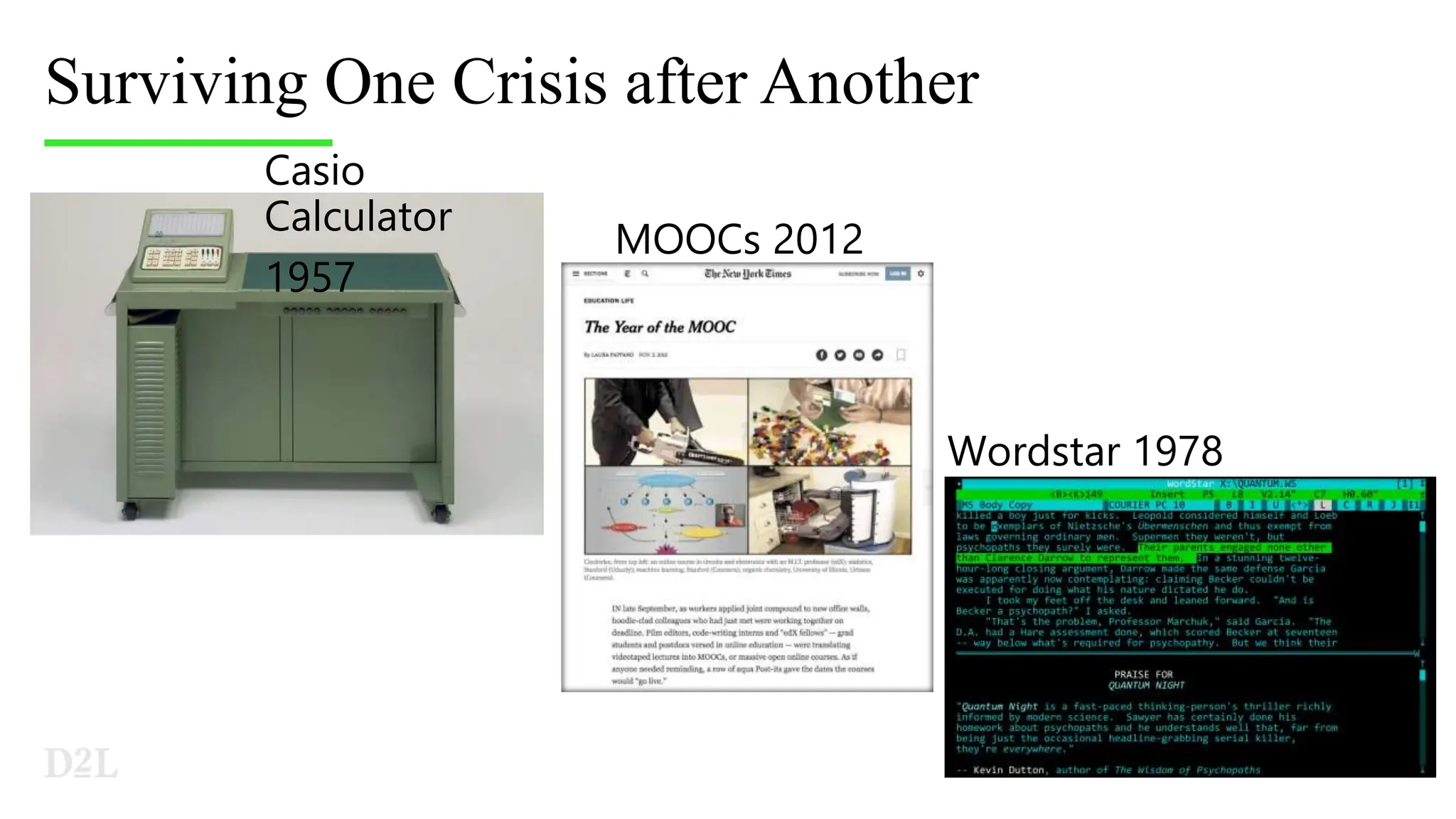 Surviving One Crisis after Another
Casio
Calculator
1957
Wordstar 1978
MOOCs 2012
 