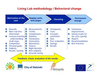 Living Lab methodology / Behavioral change


Motivation of the    Display units,                              Permanent
                                               Checking
      user            web pages                                 change



 Rewards             Measurements,         Checkpoints,       Continuous
 More real time      Trends,               Tests,             improvements
 information         Comparisions          Everyone           Saving results for
 Lectures,teaching   Statistics,           committed          the users (partly)
 , understanding,    Conclusions,          Quiz,              Reports
 small steps,        Instructions,         Peer evaluation,   Recommendations
 Competition         Alternatives,         Savings,           Best Practices
 Personal goals,     Choices               Results
 Publicity           Right direction
 Results, earning    New setpoints
                     Accurate tuning

          Feedback, check, evaluation of the results
 