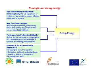 Strategies on saving energy:
New replacement investement:
 New replacement investement:
Renewing totally the old equipment or
 Renewing totally the old equipment or
system to new, modern, energy efficient
 system to new, modern, energy efficient
equipment or system
 equipment or system

New Eco/Green devices:
 New Eco/Green devices:
Replacing the old energy consuming
 Replacing the old energy consuming
lamps and lighting equipment to new
 lamps and lighting equipment to new
sensor based eco-lightings
 sensor based eco-lightings
                                                      Saving Energy
                                                      Saving Energy
Tuning and controlling the BM&AS:
 Tuning and controlling the BM&AS:
Setting, tuning, reducing and controlling
 Setting, tuning, reducing and controlling
all possible setpoints at the BM&AS
 all possible setpoints at the BM&AS
towards more energy efficient level
 towards more energy efficient level
Increase to show the real time
 Increase to show the real time
information:
 information:
Increasing to show the real time
 Increasing to show the real time
information, making it understandable,
 information, making it understandable,
interesting, teaching, testing and
 interesting, teaching, testing and
committing the users
 committing the users
 
