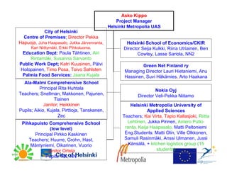 Asko Kippo
                                                   Project Manager
                                               Helsinki Metropolia UAS
            City of Helsinki
  Centre of Premises; Director Pekka
Hapuoja, Juha Haapasalo, Jukka Järvenranta,            Helsinki School of Economics/CKIR
      Kari Niittymäki, Erkki Pihkoluoma,              Director Seija Kulkki, Riina Utriainen, Ben
 Education Dept: Paula Tähtinen, Airi                        Cowley, Lasse Sariola, NN2
     Rintamäki, Susanna Sarvanto
Public Work Dept; Katri Kuusinen, Pälvi                       Green Net Finland ry
Holopainen, Timo Posa, Toivo Sahlsten                 Managing Director Lauri Hietaniemi, Anu
 Palmia Food Services: Jaana Kujala                   Hassinen, Suvi Häkämies, Arto Haakana
  Ala-Malmi Comprehensive School
           Principal Rita Huhtala                                     Nokia Oyj
Teachers; Snellman, Makkonen, Pajunen,                       Director Veli-Pekka Niitamo
                  Tiainen
             Janitor; Heikkinen                         Helsinki Metropolia University of
Pupils; Aikio, Kujala, Pirttioja, Tanskanen,                     Applied Sciences
                     Zec                             Teachers; Kai Virta, Tapio Kallasjoki, Riitta
 Pihkapuisto Comprehensive School                      Lehtinen, Jukka Pirinen, Antero Putki-
             (low level)                              ranta, Kaija Haapasalo, Matti Peltoniemi
      Principal Pirkko Kaskinen                       Eng.Students: Matti Olin, Ville Olkkonen,
    Teachers; Huurre, Grohn, Hast,                    Samuli Rasinmäki, Anssi Ulmanen, Jussi
     Mäntyniemi, Oikarinen, Vuorio                     Känsälä, + kitchen logistics group (15
            Janitor Ortela                                           students)
           Pupils: NN, NN
 