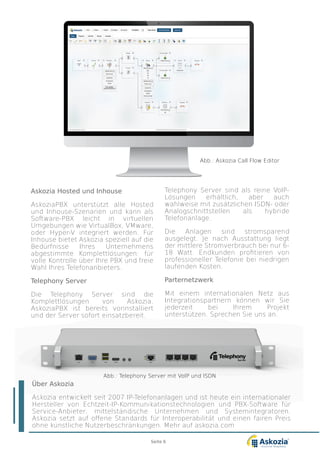 Askozia Hosted und Inhouse
AskoziaPBX unterstützt alle Hosted
und Inhouse-Szenarien und kann als
Software-PBX leicht in virtuellen
Umgebungen wie VirtualBox, VMware,
oder Hyper-V integriert werden. Für
Inhouse bietet Askozia speziell auf die
Bedürfnisse Ihres Unternehmens
abgestimmte Komplettlösungen: für
volle Kontrolle über Ihre PBX und freie
Wahl Ihres Telefonanbieters.
Telephony Server
Die Telephony Server sind die
Komplettlösungen von Askozia.
AskoziaPBX ist bereits vorinstalliert
und der Server sofort einsatzbereit.
Telephony Server sind als reine VoIP-
Lösungen erhältlich, aber auch
wahlweise mit zusätzlichen ISDN- oder
Analogschnittstellen als hybride
Telefonanlage.
Die Anlagen sind stromsparend
ausgelegt. Je nach Ausstattung liegt
der mittlere Stromverbrauch bei nur 6-
18 Watt. Endkunden profitieren von
professioneller Telefonie bei niedrigen
laufenden Kosten.
Parternetzwerk
Mit einem internationalen Netz aus
Integrationspartnern können wir Sie
jederzeit bei Ihrem Projekt
unterstützen. Sprechen Sie uns an.
Über Askozia
Askozia entwickelt seit 2006 IP-Telefonanlagen und ist heute ein internationaler
Hersteller von Echtzeit-IP-Kommunikationstechnologien und PBX-Software für
Service-Anbieter, mittelständische Unternehmen und Systemintegratoren.
Askozia setzt auf offene Standards für Interoperabilität und einen fairen Preis
ohne künstliche Nutzerbeschränkungen. Mehr auf askozia.com
Abb.: Askozia Call Flow Editor
Abb.: Telephony Server mit VoIP und ISDN
Seite 6
 