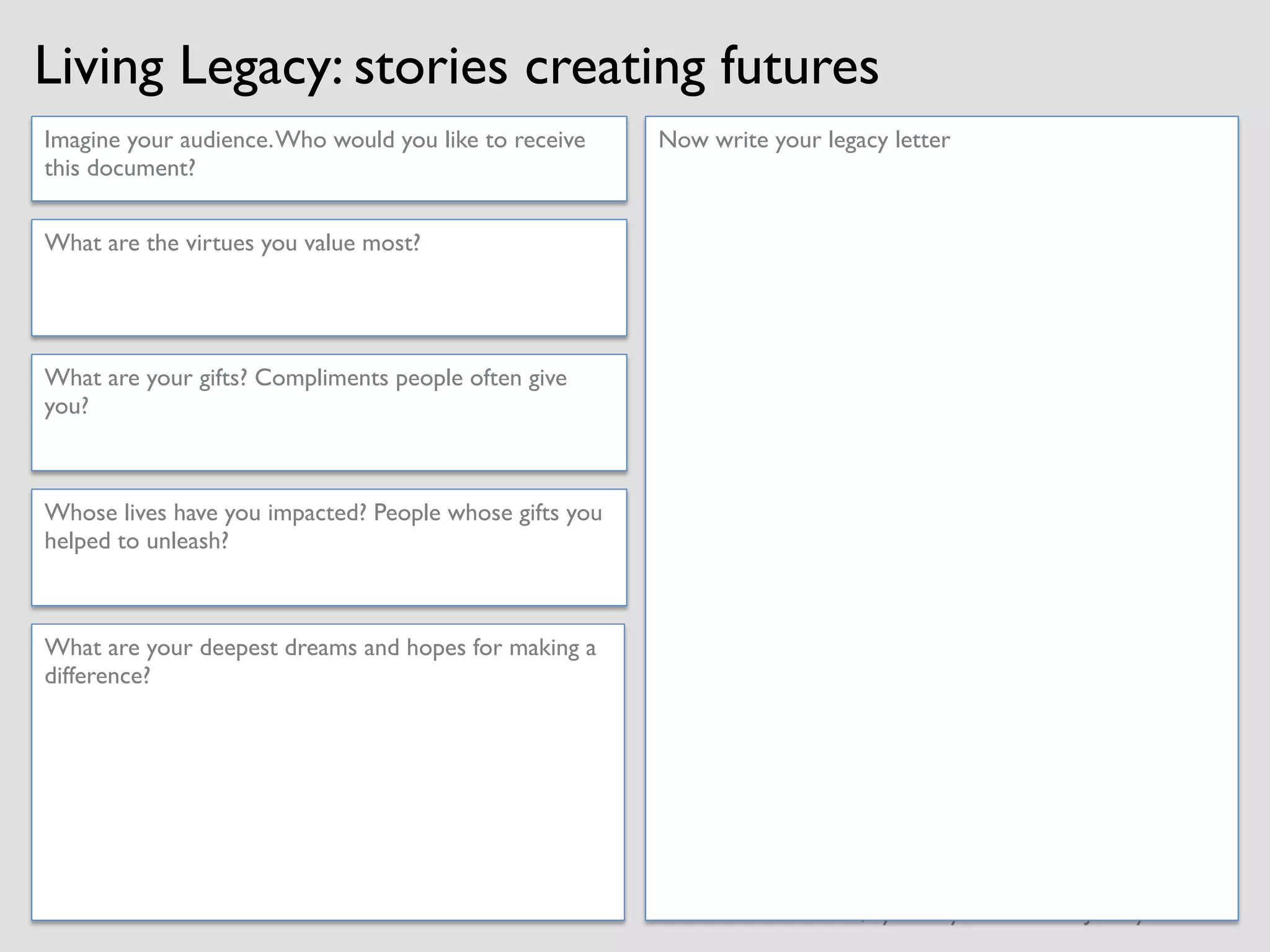 Living Legacy: stories creating futures
What are your deepest dreams and hopes for making a
difference?
Imagine your audience.Who would you like to receive
this document?
The Last Lecture, by Randy Pausch and Jeffrey Zaslow
What are the virtues you value most?
Now write your legacy letter
What are your gifts? Compliments people often give
you?
Whose lives have you impacted? People whose gifts you
helped to unleash?
 