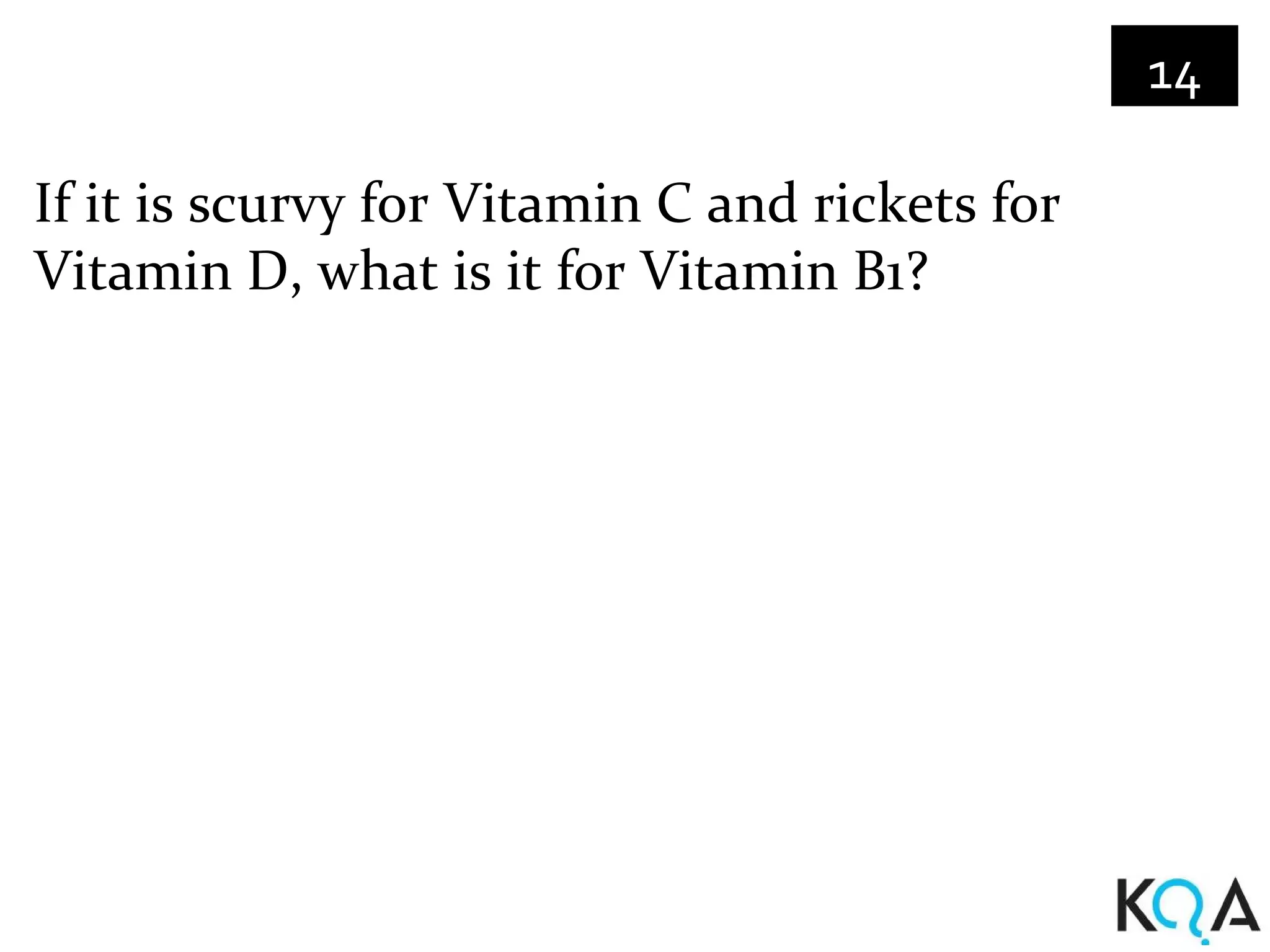 14

If it is scurvy for Vitamin C and rickets for
Vitamin D, what is it for Vitamin B1?
 