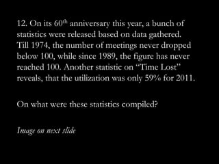 12. On its 60th anniversary this year, a bunch of
statistics were released based on data gathered.
Till 1974, the number of meetings never dropped
below 100, while since 1989, the figure has never
reached 100. Another statistic on “Time Lost”
reveals, that the utilization was only 59% for 2011.

On what were these statistics compiled?

Image on next slide
 