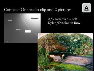 Connect: One audio clip and 2 pictures         A
                        A/V Removed – Bob
                        Dylan/Desolation Row
 