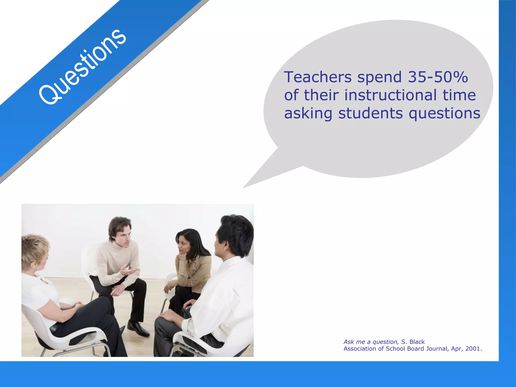 Questions Teachers spend 35-50% of their instructional time asking students questions Ask me a question,  S. Black Association of School Board Journal, Apr, 2001. 
