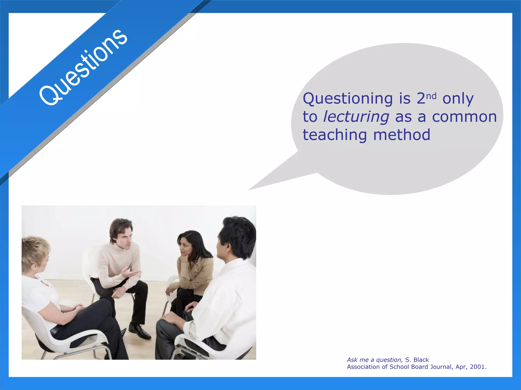 Questions Questioning is 2 nd  only to  lecturing  as a common  teaching method Ask me a question,  S. Black Association of School Board Journal, Apr, 2001. 