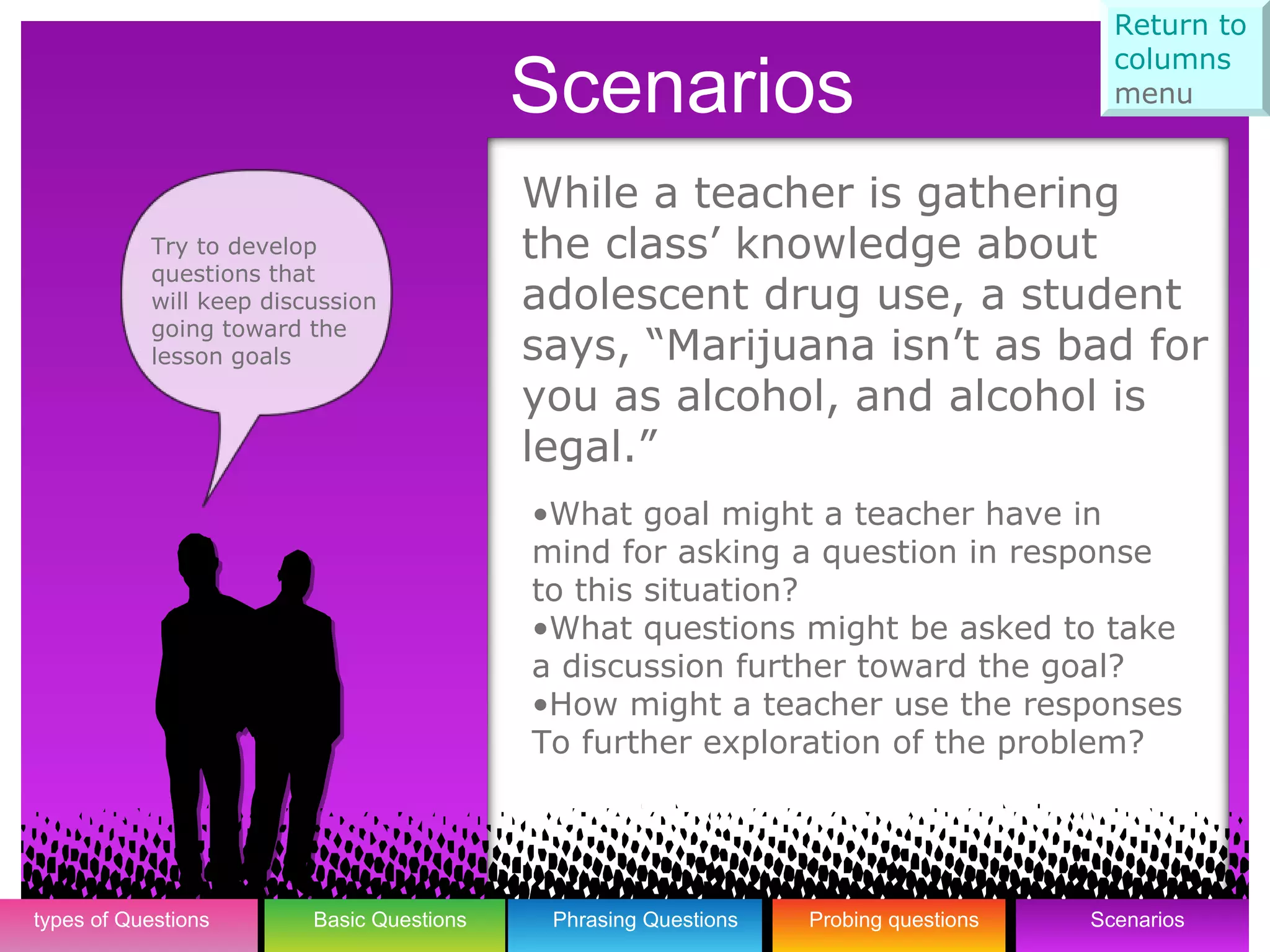 What goal might a teacher have in mind for asking a question in response to this situation? What questions might be asked to take a discussion further toward the goal? How might a teacher use the responses To further exploration of the problem? While a teacher is gathering the class’ knowledge about adolescent drug use, a student says, “Marijuana isn’t as bad for  you as alcohol, and alcohol is  legal.” 