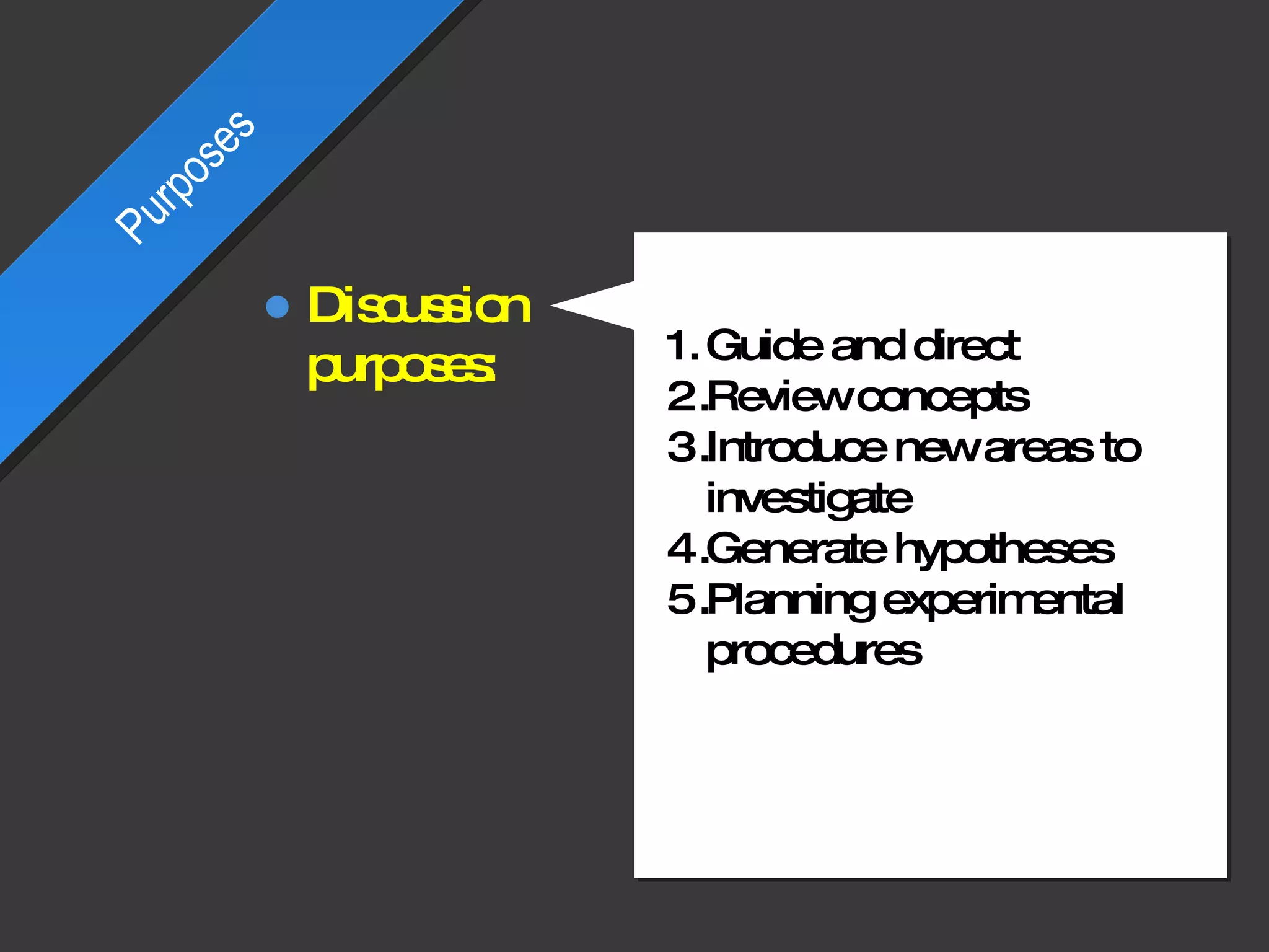 Guide and direct Review concepts Introduce new areas to investigate Generate hypotheses Planning experimental procedures Purposes Discussion purposes: 