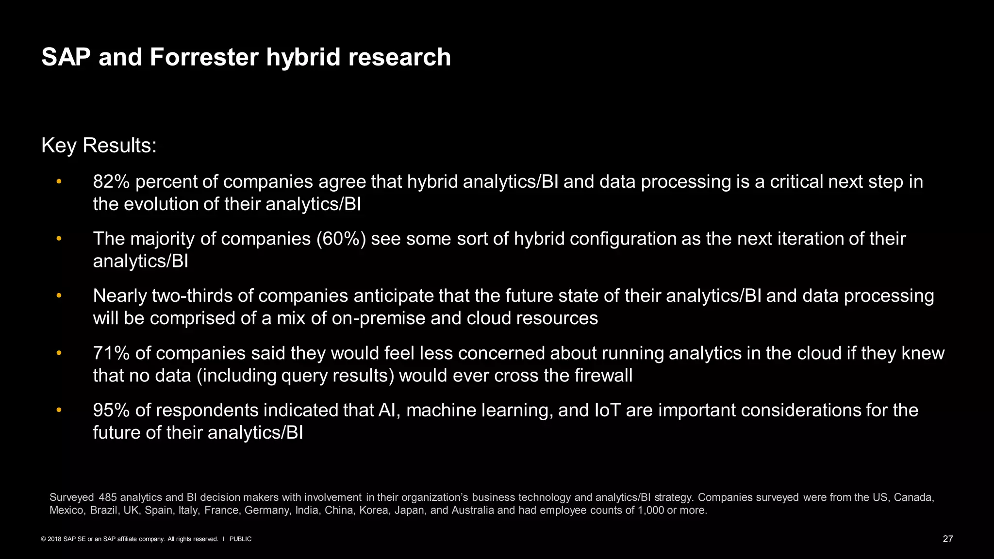 27PUBLIC© 2018 SAP SE or an SAP affiliate company. All rights reserved. ǀ
Key Results:
• 82% percent of companies agree that hybrid analytics/BI and data processing is a critical next step in
the evolution of their analytics/BI
• The majority of companies (60%) see some sort of hybrid configuration as the next iteration of their
analytics/BI
• Nearly two-thirds of companies anticipate that the future state of their analytics/BI and data processing
will be comprised of a mix of on-premise and cloud resources
• 71% of companies said they would feel less concerned about running analytics in the cloud if they knew
that no data (including query results) would ever cross the firewall
• 95% of respondents indicated that AI, machine learning, and IoT are important considerations for the
future of their analytics/BI
SAP and Forrester hybrid research
Surveyed 485 analytics and BI decision makers with involvement in their organization’s business technology and analytics/BI strategy. Companies surveyed were from the US, Canada,
Mexico, Brazil, UK, Spain, Italy, France, Germany, India, China, Korea, Japan, and Australia and had employee counts of 1,000 or more.
 