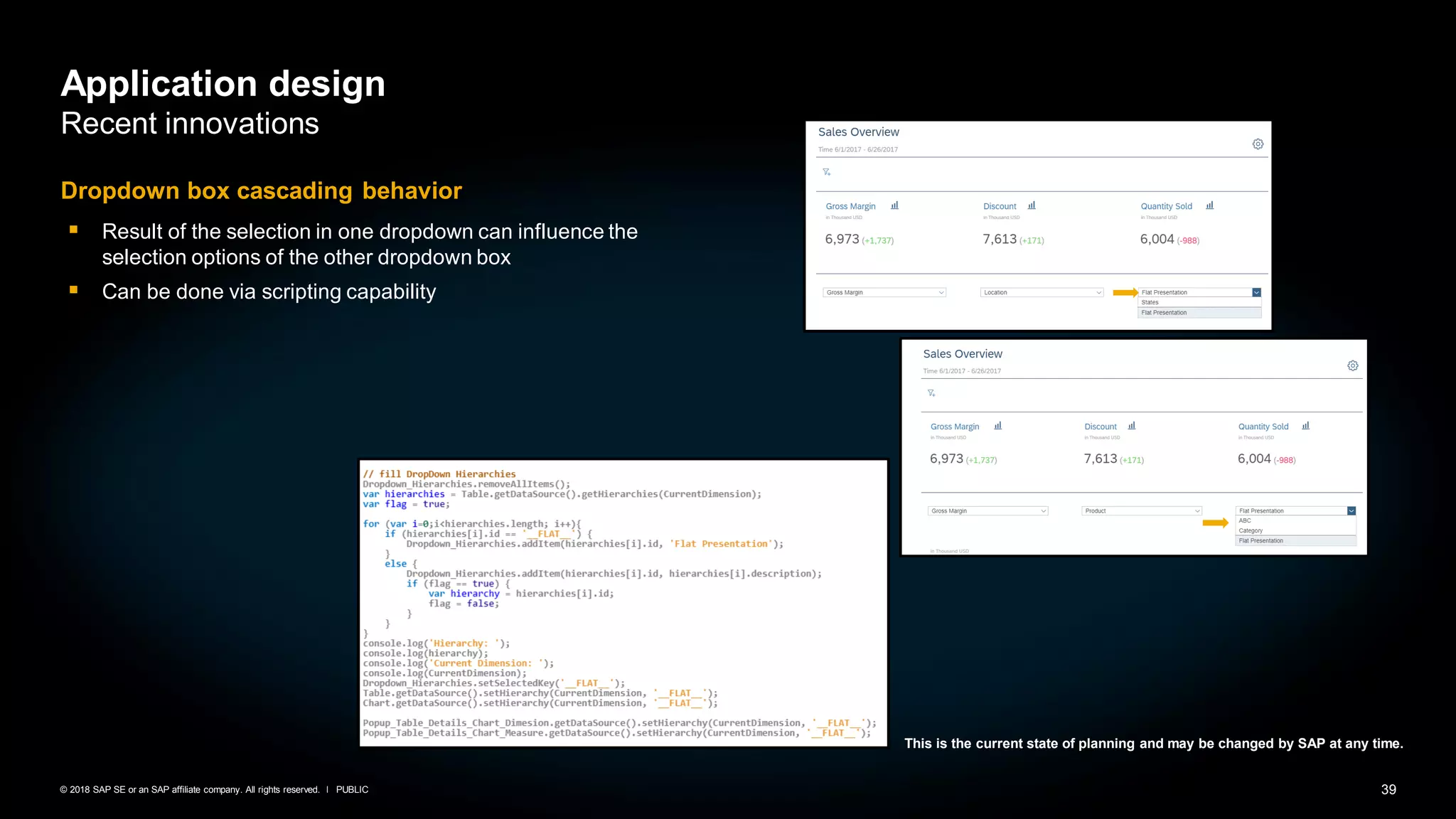 39PUBLIC© 2018 SAP SE or an SAP affiliate company. All rights reserved. ǀ
This is the current state of planning and may be changed by SAP at any time.
Dropdown box cascading behavior
▪ Result of the selection in one dropdown can influence the
selection options of the other dropdown box
▪ Can be done via scripting capability
Application design
Recent innovations
 