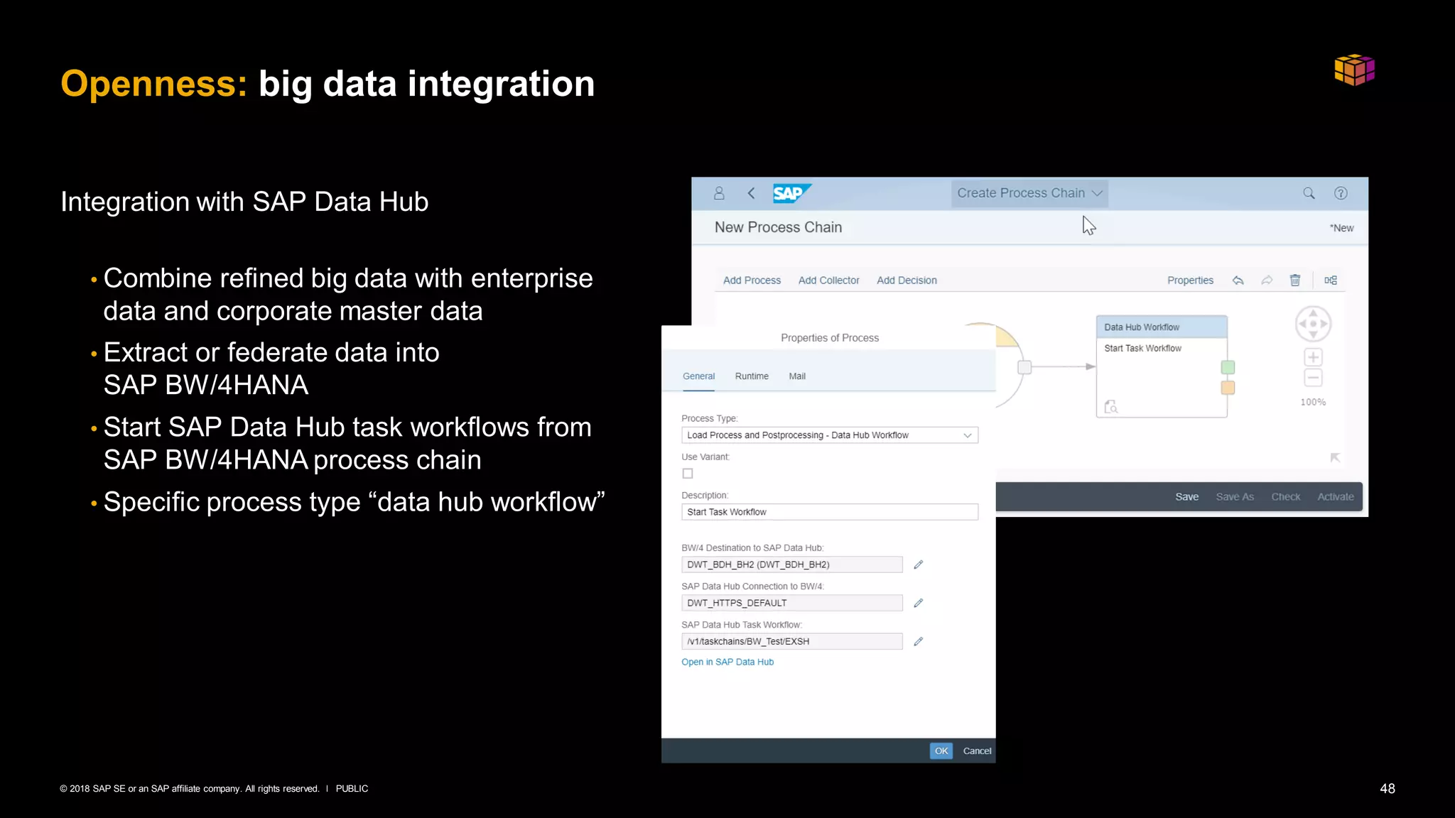 48PUBLIC© 2018 SAP SE or an SAP affiliate company. All rights reserved. ǀ
Openness: big data integration
Integration with SAP Data Hub
• Combine refined big data with enterprise
data and corporate master data
• Extract or federate data into
SAP BW/4HANA
• Start SAP Data Hub task workflows from
SAP BW/4HANA process chain
• Specific process type “data hub workflow”
 