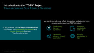 47PUBLIC© 2019 SAP SE or an SAP affiliate company. All rights reserved. ǀ
Introduction to the “TOPS” Project
TRANSFORMING OUR PEOPLE SYSTEMS
An exciting multi-year effort, focused on updating our core
people systems across PSE aimed at...
Transforming
the user
experience
Generating
efficiency through
automation
Providing
people tools
on the go
Bringing
people data to
light
TOPS joined the PSE Strategic Project Portfolio
in 2018 as a joint Information Technology and
Human Resources Business
Transformation project
 