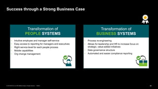 48PUBLIC© 2019 SAP SE or an SAP affiliate company. All rights reserved. ǀ
Success through a Strong Business Case
• Intuitive employee and manager self-service
• Easy access to reporting for managers and executives
• Right service level for each people process
• Mobile capabilities
• Org change management
Transformation of
PEOPLE SYSTEMS
• Process re-engineering
• Allows for leadership and HR to increase focus on
strategic, value-added initiatives
• Data governance structure
• Automated and easier compliance reporting
Transformation of
BUSINESS SYSTEMS
 