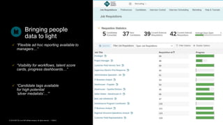 51PUBLIC© 2019 SAP SE or an SAP affiliate company. All rights reserved. ǀ
Bringing people
data to light
 “Flexible ad hoc reporting available to
managers…”
 “Visibility for workflows, talent score
cards, progress dashboards…”
 “Candidate tags available
for high potential
‘silver medalists’…’”
 