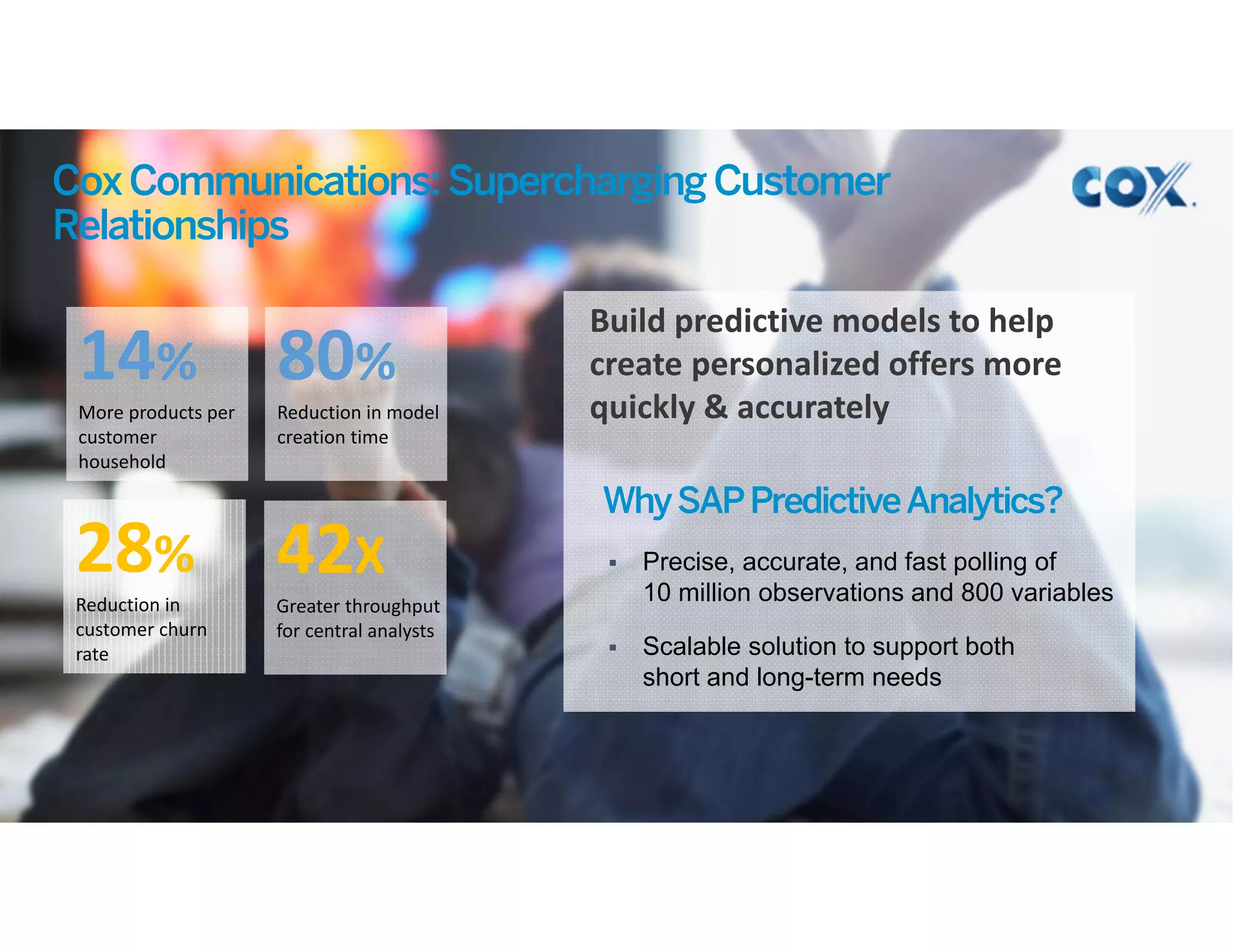 Build predictive models to help 
create personalized offers more 
quickly & accurately 
CoxCommunications:SuperchargingCustomer
Relationships
14%
More products per 
customer 
household
80%
Reduction in model 
creation time
28%
Reduction in 
customer churn 
rate
42X
Greater throughput 
for central analysts
WhySAPPredictiveAnalytics?
 Precise, accurate, and fast polling of
10 million observations and 800 variables
 Scalable solution to support both
short and long-term needs
 
