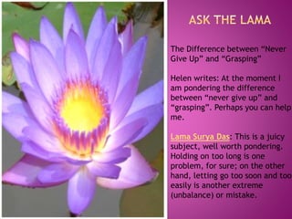 The Difference between “Never
Give Up” and “Grasping”
Helen writes: At the moment I
am pondering the difference
between “never give up” and
“grasping”. Perhaps you can help
me.
Lama Surya Das: This is a juicy
subject, well worth pondering.
Holding on too long is one
problem, for sure; on the other
hand, letting go too soon and too
easily is another extreme
(unbalance) or mistake.
 