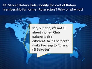 #3: Should Rotary clubs modify the cost of Rotary
membership for former Rotaractors? Why or why not?




                  Yes, but also, it's not all
                  about money. Club
                  culture is also
                  different, so it's harder to
                  make the leap to Rotary.
                  (El Salvador)
 