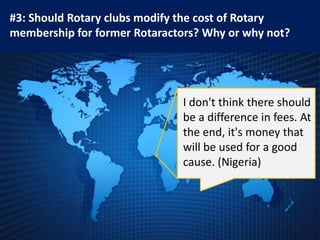 #3: Should Rotary clubs modify the cost of Rotary
membership for former Rotaractors? Why or why not?




                              I don't think there should
                              be a difference in fees. At
                              the end, it's money that
                              will be used for a good
                              cause. (Nigeria)
 