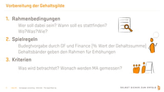 S E L B S T S I C H E R Z U M E R F O L Gborisgloger consulting – Mind.Set – The Agile Meet-Up
Vorbereitung der Gehaltsgilde
1. Rahmenbedingungen
Wer soll dabei sein? Wann soll es stattfinden?
Wo?Was?Wie?
2. Spielregeln
Budegtvorgabe durch GF und Finance (% Wert der Gehaltssumme)
Gehaltsbänder geben den Rahmen für Erhöhungen
3. Kriterien
Was wird betrachtet? Wonach werden MA gemessen?
| Nov 19 |11
 