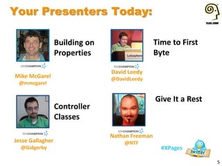 Your Presenters Today:
5
#XPages
Mike McGarel
@mmcgarel
Building on
Properties
Jesse Gallagher
@Gidgerby
Controller
Classes
David Leedy
@DavidLeedy
Time to First
Byte
Nathan Freeman
@NTF
Give It a Rest
 