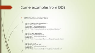 Some examples from DDS
 GET http://{server}/api/data
[
{
"@title":"Administration Requests",
"@filepath":"admin4.nsf",
"@replicaid":"8525786A034D582B",
"@template":"StdR4AdminRequests",
"@href":"http://server/admin4.nsf/api/data/collections"
},
{
"@title":"Java AgentRunner",
"@filepath":"AgentRunner.nsf",
"@replicaid":"8525671400725208",
"@template":"",
"@href":"http://server/AgentRunner.nsf/api/data/collections"
},
{
"@title":"Article",
"@filepath":"Article.nsf",
"@replicaid":"8525784E00618FED",
"@template":"",
"@href":"http://server/Article.nsf/api/data/collections"
}
]
 