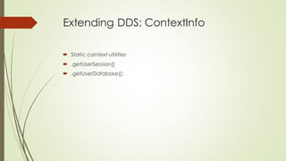 Extending DDS: ContextInfo
 Static context utilities
 .getUserSession()
 .getUserDatabase();
 