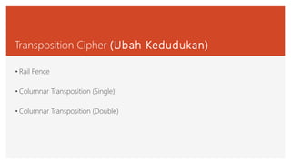 Transposition Cipher (Ubah Kedudukan)
• Rail Fence
• Columnar Transposition (Single)
• Columnar Transposition (Double)
 