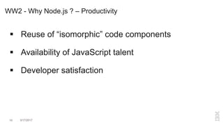 WW2 - Why Node.js ? – Productivity
 Reuse of “isomorphic” code components
 Availability of JavaScript talent
 Developer satisfaction
10 3/17/2017
 