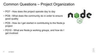 Common Questions – Project Organization
 PO7 - How does the project operate day to day
 PO8 - What does the community do in order to ensure
good quality
 PO9 - How do I get started in contributing to the Node.js
project
 PO10 - What are Node.js working groups, and how do I
get involved
27 3/17/2017
 